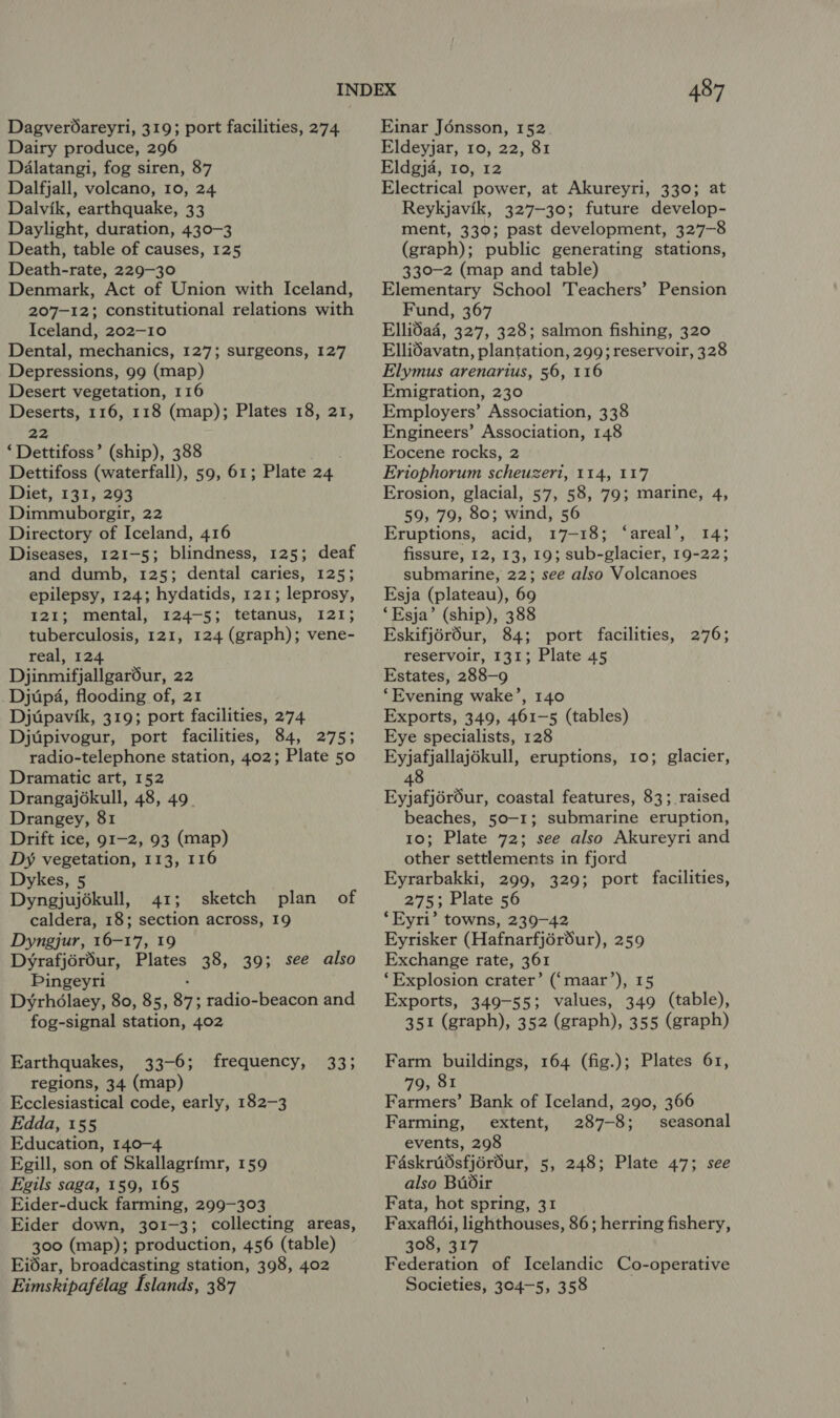 Dagverdareyri, 319; port facilities, 274. Dairy produce, 296 Dalatangi, fog siren, 87 Dalfjall, volcano, 10, 24 Dalvik, earthquake, 33 Daylight, duration, 430-3 Death, table of causes, 125 Death-rate, 229-30 Denmark, Act of Union with Iceland, 207-12; constitutional relations with Iceland, 202-10 Dental, mechanics, 127; surgeons, 127 Depressions, 99 (map) Desert vegetation, 116 setae 116, 118 (map); Plates 18, 21, ‘Dettifoss’ (ship), 388 Dettifoss (waterfall), 59, 61; Plate 24. Diet, 131, 293 Dimmuborgir, 22 Directory of Iceland, 416 Diseases, 121-5; blindness, 125; deaf and dumb, 125; dental caries, 125; epilepsy, 124; hydatids, 121; leprosy, 121; mental, 124-5; tetanus, 121; tuberculosis, 121, 124 (graph); vene- real, 124 Djinmifjallgaréur, 22 Djup4, flooding of, 21 Djupavik, 319; port facilities, 274 Djupivogur, port facilities, 84, 275; radio-telephone station, 402; Plate 50 Dramatic art, 152 Drangajoékull, 48, 49. Drangey, 81 Drift ice, 91-2, 93 (map) Dy vegetation, 113, 116 Dykes, 5 Dyngjujokull, 41; sketch plan of caldera, 18; section across, 19 Dyngjur, 16-17, 19 Dyrafjordur, Plates 38, 39; see also Pingeyri Dyrhdlaey, 80, 85, gy: radio-beacon and fog-signal station, 402 Earthquakes, 33-6; frequency, regions, 34 (map) Ecclesiastical code, early, 182-3 Edda, 155 Education, 140-4 Egill, son of Skallagrimr, 159 Egils saga, 159, 165 Eider-duck farming, 299-303 Eider down, 301-3; collecting areas, 300 (map); production, 456 (table) Eidar, broadcasting station, 398, 402 Eimskipafélag Islands, 387 335 487 Einar Jonsson, 152 Eldeyjar, 10, 22, 81 Eldgja, 10, 12 Electrical power, at Akureyri, 330; at Reykjavik, 327-30; future develop- ment, 330; past development, 327-8 (graph); public generating stations, 330-2 (map and table) Elementary School Teachers’ Pension Fund, 367 Ellida4, 327, 328; salmon fishing, 320 Ellidavatn, plantation, 299; reservoir, 328 Elymus arenarius, 56, 116 Emigration, 230 Employers’ Association, 338 Engineers’ Association, 148 Eocene rocks, 2 Eriophorum scheuzeri, 114, 117 Erosion, glacial, 57, 58, 79; marine, 4, 59, 79, 80; wind, 56 Eruptions, acid, 17-18; ‘areal’, 14; fissure, 12, 13, 19; sub-glacier, 19-22; submarine, 22; see also Volcanoes Esja (plateau), 69 ‘Esja’ (ship), 388 Eskifjérdur, 84; port facilities, 276; reservoir, 131; Plate 45 Estates, 288—9 ‘Evening wake’, 140 Exports, 349, 461-5 (tables) Eye specialists, 128 Eyjafjallaj6kull, eruptions, 10; glacier, 8 Eyjafjérour, coastal features, 83; raised beaches, 50-1; submarine eruption, 10; Plate 72; see also Akureyri and other settlements in fjord Eyrarbakki, 299, 329; port facilities, 275; Plate 56 ‘Eyri’ towns, 239-42 Eyrisker (Hafnarfjérdur), 259 Exchange rate, 361 ‘Explosion crater’ (‘maar’), 15 Exports, 349-55; values, 349 (table), 351 (graph), 352 (graph), 355 (graph) Farm buildings, 164 (fig.); Plates 61, 79, 81 Farmers’ Bank of Iceland, 290, 366 Farming, extent, 287-8; seasonal events, 298 Faskridsfjéréur, 5, 248; Plate 47; see also Budir Fata, hot spring, 31 Faxafldi, lighthouses, 86; herring fishery, 308, 317 Federation of Icelandic Co-operative Societies, 304-5, 358 .