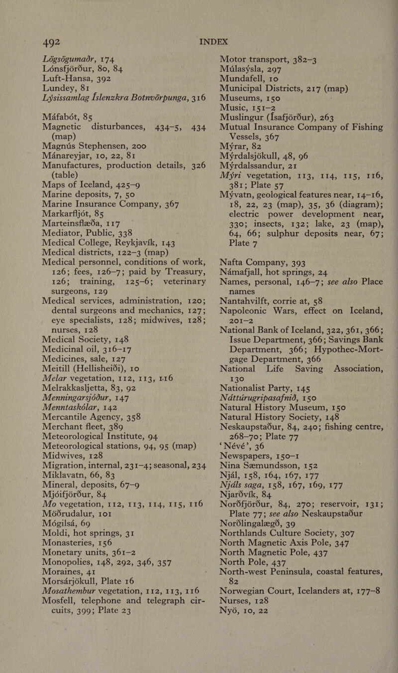 Légségumador, 1'74 Lonsfjér6ur, 80, 84 Luft-Hansa, 392 Lundey, 81 Lysissamlag [slenzkra Botnvérpunga, 316 Mafabot, 85 Magnetic disturbances, (map) Magnus Stephensen, 200 Manareyjar, 10, 22, 81 Manufactures, production details, 326 (table) Maps of Iceland, 425-9 Marine deposits, 7, 50 Marine Insurance Company, 367 Markarfljot, 85 Marteinsfle26a, 117 Mediator, Public, 338 Medical College, Reykjavik, 143 Medical districts, 122-3 (map) Medical personnel, conditions of work, 126; fees, 126-7; paid by Treasury, 126; training, 125-6; veterinary surgeons, 129 Medical services, administration, 120; dental surgeons and mechanics, 127; eye specialists, 128; midwives, 128; nurses, 128 Medical Society, 148 Medicinal oil, 316-17 Medicines, sale, 127 Meitill (Hellishei6i), 10 Melar vegetation, 112, 113, 1.16 Melrakkasljetta, 83, 92 Menningarsjddur, 147 Menntaskélar, 142 Mercantile Agency, 358 Merchant fleet, 389 Meteorological Institute, 94 Meteorological stations, 94, 95 (map) Midwives, 128 Migration, internal, 231-4; seasonal, 234 Miklavatn, 66, 83 Mineral, deposits, 67-9 Mjoifjordéur, 84 Mo vegetation, 112, 113, 114, 115, 116 Moorudalur, 101 Mogilsa, 69 Moldi, hot springs, 31 Monasteries, 156 Monetary units, 361-2 Monopolies, 148, 292, Moraines, 41 Morséarjokull, Plate 16 Mosathembur vegetation, 112, 113, 116 Mosfell, telephone and telegraph cir- cuits, 399; Plate 23 434-5, 434 346, 357 Motor transport, 382-3 Mulasysla, 297 Mundafell, 10 Municipal Districts, 217 (nae) Museums, 150 Music, 151-2 Muslingur ({safjordur), 263 Mutual Insurance Company of Fishing Vessels, 367 Myrar, 82 Myrdalsjékull, 48, 96 Myrdalssandur, 21 Myri vegetation, 381; Plate 57 Myvatn, geological features near, 14-16, 18, 22, 23 (map), 35, 36 (diagram); electric power development near, 330; insects, 132; lake, 23 (map), 64, 66; sulphur deposits near, 67; Plate 7 113, (T1475; TGs Nafta Company, 393 Namafjall, hot springs, 24 Names, personal, 146-7; see also Place names Nantahvilft, corrie at, 58 Napoleonic Wars, effect on Iceland, 201-2 National Bank of Iceland, 322, 361, 366; Issue Department, 366; Savings Bank Department, 366; Hypothec-Mort- gage Department, 366 National Life Saving Association, 130 Nationalist Party, 145 Natturugripasafnid, 150 Natural History Museum, 150 Natural History Society, 148 Neskaupstadur, 84, 240; fishing centre, 268-70; Plate 77 ‘Névé’, 36 Newspapers, 150-1 Nina Semundsson, 152 Njal, 158, 164, 167, 177 Njdls saga, 158, 167, 169, 177 Njarovik, 84 Nor6fjéréur, 84, 270; reservoir, 131; Plate 77; see also Neskaupstadur Nordlingalegs6, 39 Northlands Culture Society, 307 North Magnetic Axis Pole, 347 North Magnetic Pole, 437 North Pole, 437 North-west Peninsula, coastal features, 82 Norwegian Court, Icelanders at, 177-8 Nurses, 128 Ny6, 10, 22