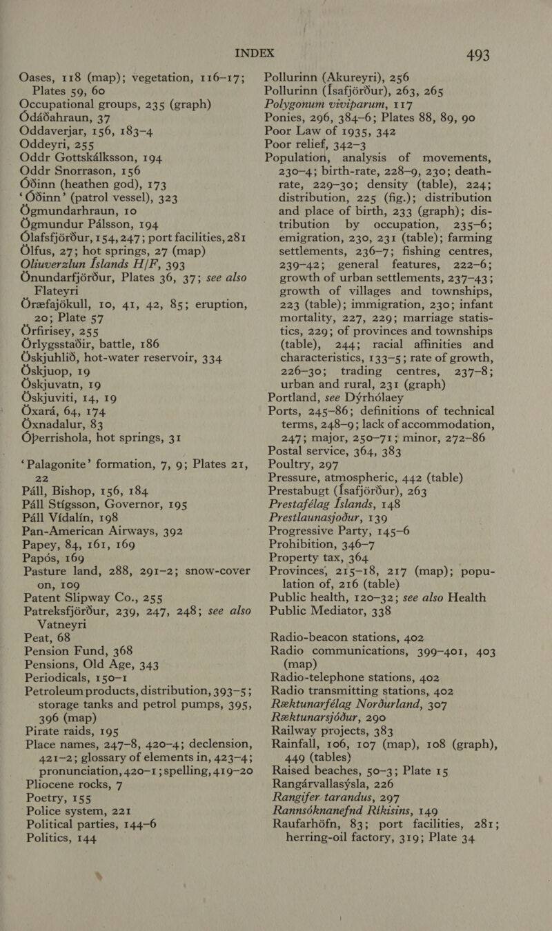 Oases, 118 (map); vegetation, 116-17; Plates 59, 60 Occupational groups, 235 (graph) OdaSahraun, 37 Oddaverjar, 156, 183-4 Oddeyri, 255 Oddr Gottskalksson, 194. Oddr Snorrason, 156 Odinn (heathen god), 173 ‘Odinn’ (patrol vessel), 323 Ogmundarhraun, 10 Ogmundur Palsson, 194 Olafsfjérdur, 154,247; port facilities, 281 Olfus, 27; hot springs, 27 (map) Oliuverzlun Islands H/F, 393 Onundarfjérdur, Plates 36, 37; see also Flateyri Oreefajékull, 10, 41, 42, 85; eruption, 20; Plate 57 Orfirisey, 255 Orlygsstadir, battle, 186 Oskjuhlid, hot-water reservoir, 334 Oskjuop, 19 Oskjuvatn, 19 Oskjuviti, 14, 19 Oxara, 64, 174 Oxnadalur, 83 Operrishola, hot springs, 31 ‘Palagonite’ formation, 7, 9; Plates 21, 22 Pall, Bishop, 156, 184. Pall Stigsson, Governor, 195 Pall Vidalin, 198 Pan-American Airways, 392 Papey, 84, 161, 169 Papés, 169 Pasture land, 288, 291-2; snow-cover on, 109 Patent Slipway Co., 255 Patreksfj6rdur, 239, 247, 248; see also Vatneyri Peat, 68 Pension Fund, 368 Pensions, Old Age, 343 Periodicals, 150-1 Petroleum products, distribution, 393-5; storage tanks and petrol pumps, 395, 396 (map) Pirate raids, 195 Place names, 247-8, 420-4; declension, 421-2; glossary of elements in, 423-4; pronunciation, 420-1; spelling, 419-20 Pliocene rocks, 7 Poetry, 155 Police system, 221 Political parties, 144-6 Politics, 144 495 Pollurinn (Akureyri), 256 Pollurinn ({safjérdur), 263, 265 Polygonum viviparum, 117 Ponies, 296, 384-6; Plates 88, 89, 90 Poor Law of 1935, 342 Poor relief, 342-3 Population, analysis of movements, 230-4; birth-rate, 228-9, 230; death- rate, 229-30; density (table), 224; distribution, 225 (fig.); distribution and place of birth, 233 (graph); dis- tribution by occupation, 235-6; emigration, 230, 231 (table); farming settlements, 236-7; fishing centres, 239-42; general features, 222-6; growth of urban settlements, 237-43; growth of villages and townships, 223 (table); immigration, 230; infant mortality, 227, 229; marriage statis- tics, 229; of provinces and townships (table), 244; racial affinities and characteristics, 133-5; rate of growth, 226-30; trading centres, 237-8; urban and rural, 231 (graph) Portland, see Dyrhdlaey Ports, 245-86; definitions of technical terms, 248-9; lack of accommodation, 247; major, 250-71; minor, 272-86 Postal service, 364, 383 Poultry, 297 Pressure, atmospheric, 442 (table) Prestabugt (Isafjérdur), 263 Prestafélag Islands, 148 Prestlaunasjodur, 139 Progressive Party, 145-6 Prohibition, 346-7 Property tax, 364 Provinces, 215-18, 217 (map); popu- lation of, 216 (table) Public health, 120-32; see also Health Public Mediator, 338 Radio-beacon stations, 402 Radio communications, 399-401, 403 (map) Radio-telephone stations, 402 Radio transmitting stations, 402 Rektunarfélag Nordurland, 307 Rektunarsjédur, 290 Railway projects, 383 Rainfall, 106, 107 (map), 108 (graph), 449 (tables) Raised beaches, 50-3; Plate 15 Rangarvallasysla, 226 Rangifer tarandus, 297 Rannséknanefnd Rikisins, 149 Raufarhéfn, 83; port facilities, 281; herring-oil factory, 319; Plate 34
