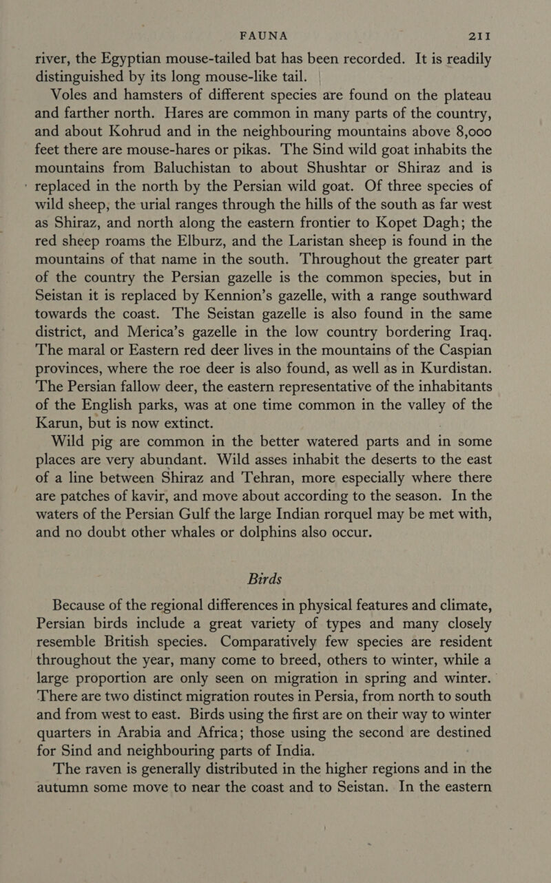 river, the Egyptian mouse-tailed bat has been recorded. It is readily distinguished by its long mouse-like tail. Voles and hamsters of different species are found on the plateau and farther north. Hares are common in many parts of the country, and about Kohrud and in the neighbouring mountains above 8,000 feet there are mouse-hares or pikas. The Sind wild goat inhabits the mountains from Baluchistan to about Shushtar or Shiraz and is ‘ replaced in the north by the Persian wild goat. Of three species of wild sheep, the urial ranges through the hills of the south as far west as Shiraz, and north along the eastern frontier to Kopet Dagh; the red sheep roams the Elburz, and the Laristan sheep is found in the mountains of that name in the south. Throughout the greater part of the country the Persian gazelle is the common species, but in Seistan it is replaced by Kennion’s gazelle, with a range southward towards the coast. The Seistan gazelle is also found in the same district, and Merica’s gazelle in the low country bordering Iraq. The maral or Eastern red deer lives in the mountains of the Caspian provinces, where the roe deer is also found, as well as in Kurdistan. The Persian fallow deer, the eastern representative of the inhabitants of the English parks, was at one time common in the ones of the Karun, but is now extinct. Wild pig are common in the better watered parts and in some places are very abundant. Wild asses inhabit the deserts to the east of a line between Shiraz and Tehran, more especially where there are patches of kavir, and move about according to the season. In the waters of the Persian Gulf the large Indian rorquel may be met with, and no doubt other whales or dolphins also occur. Birds Because of the regional differences in physical features and climate, Persian birds include a great variety of types and many closely resemble British species. Comparatively few species are resident throughout the year, many come to breed, others to winter, while a large proportion are only seen on migration in spring and winter. There are two distinct migration routes in Persia, from north to south and from west to east. Birds using the first are on their way to winter quarters in Arabia and Africa; those using the second are destined for Sind and neighbouring parts of India. The raven is generally distributed in the higher regions and in the autumn some move to near the coast and to Seistan. In the eastern