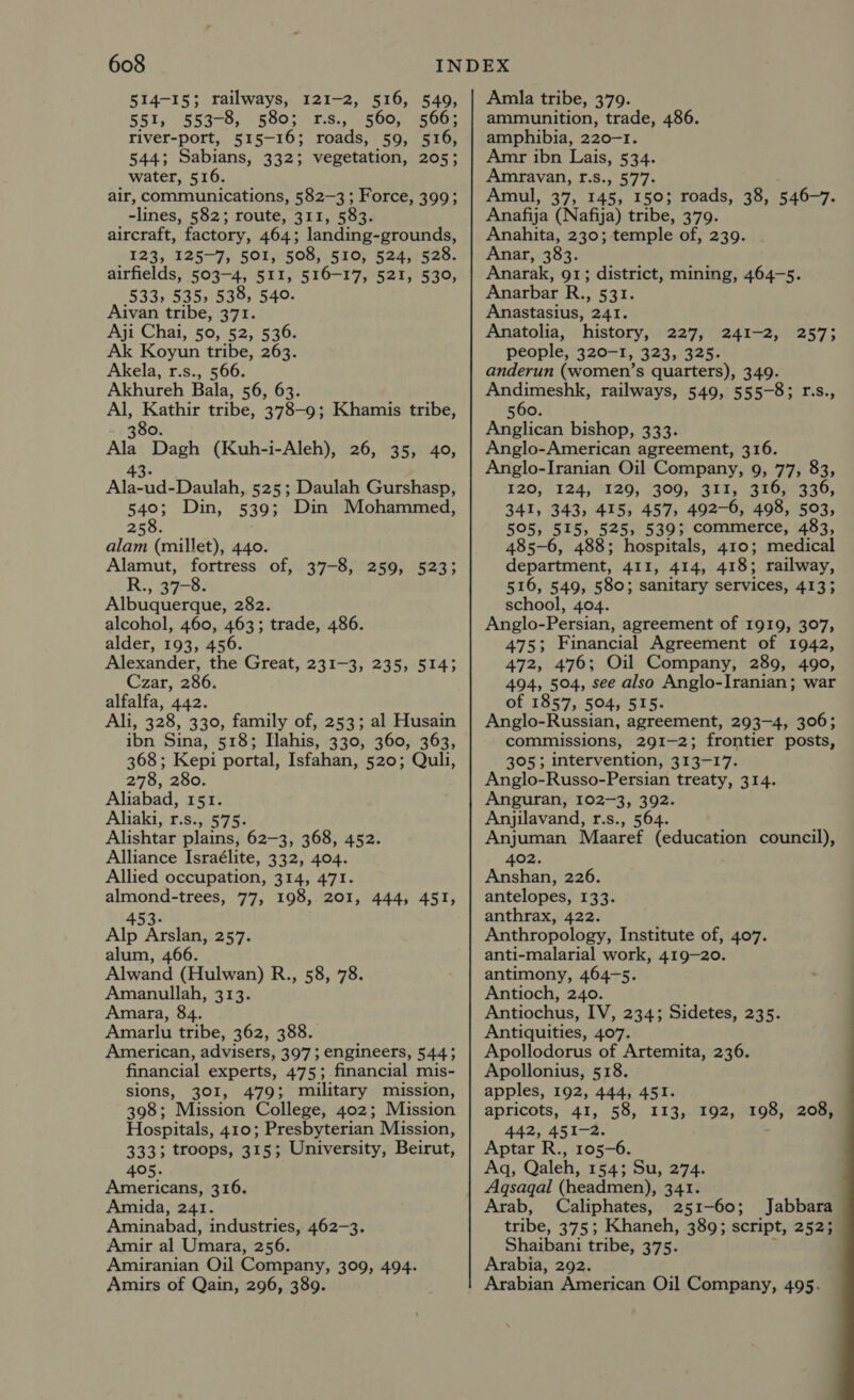 514-15; railways, 121-2, 516, 549, 551, 553-8, 580; r.s., 560, 566; river-port, 515-16; roads, 59, 516, 544; Sabians, 332; vegetation, 205; water, 516. air, communications, 582-3; Force, 399; -lines, 582; route, 311, 583. aircraft, factory, 464; landing-grounds, 123, 125-7, 501, 508, 510, 524, 528. airfields, 503-4, 511, 516-17, 521, 530, 533, 535, 538, 540. Aivan tribe, 371. Aji Chai, 50, 52, 536. Ak Koyun tribe, 263. Akela, r.s., 566. Akhureh Bala, 56, 63. Al, Kathir tribe, 378-9; Khamis tribe, 380. Ala Dagh (Kuh-i-Aleh), 26, 35, 40, 43- Ala-ud-Daulah, 525; Daulah Gurshasp, 540; Din, 539; Din Mohammed, 258. alam (millet), 440. Alamut, fortress of, 37-8, 259, 523; R., 37-8. Albuquerque, 282. alcohol, 460, 463; trade, 486. alder, 193, 456. Alexander, the Great, 231-3, 235, 5143 Czar, 286. alfalfa, 442. Ali, 328, 330, family of, 253; al Husain ibn Sina, 518; Ilahis, 330, 360, 363, 368; Kepi portal, Isfahan, 520; Quli, 278, 280. Aliabad, 151. Aliaki, r.s., 575. Alishtar plains, 62-3, 368, 452. Alliance Israélite, 332, 404. Allied occupation, 314, 471. almond-trees, 77, 198, 201, 444, 451, 453- Alp Arslan, 257. alum, 466. Alwand (Hulwan) R., Amanullah, 313. Amara, 84. Amarlu tribe, 362, 388. American, advisers, 397; engineers, 544; financial experts, 475; financial mis- sions, 301, 479; military mission, 398; Mission College, 402; Mission Hoepitaig 410; Presbyterian Mission, 333; troops, 315; University, Beirut, 405. Americans, 316. Amida, 241. Aminabad, industries, 462-3. Amir al Umara, 256. Amiranian Oil Company, 309, 494. Amirs of Qain, 296, 389. 58, 78. Amla tribe, 379. ammunition, trade, 486. amphibia, 220-1. Amr ibn Lais, 534. Amravan, f.s., 577. Amul, 37, 145, 150; roads, 38, 546-7. Anafija (Nafija) tribe, 379. Anahita, 230; temple of, 239. Anar, 383. Anarak, 91; district, mining, 464-5. Anarbar R., 531. Anastasius, 241. Anatolia, history, 227, people, 320-1, 323, 325. anderun (women’s quarters), 349. Andimeshk, railways, 549, 555-8; [f.s., 560. Anglican bishop, 333. Anglo-American agreement, 316. Anglo-Iranian Oil Company, 9, 77, 83, 120, 124, 129, 309, 311, 316, 336, 341, 343, 415, 457, 492-6, 498, 503, 505, 515, 525, 539; commerce, 483, 485-6, 488; hospitals, 410; medical department, 411, 414, 418; railway, 516, 549, 580; sanitary services, 413; school, 404. Anglo-Persian, agreement of 1919, 307, 475; Financial Agreement of 1942, 472, 476; Oil Company, 289, 490, 494, 504, see also Anglo-Iranian; war of 1857, 504, 515. Anglo-Russian, agreement, 293-4, 306; commissions, 291-2; frontier posts, 305; intervention, 313-17. Anglo-Russo-Persian treaty, 314. Anguran, 102-3, 392. Anjilavand, r.s., 564. Anjuman Maaref (education council), 402. Anshan, 226. antelopes, 133. anthrax, 422. Anthropology, Institute of, 407. anti-malarial work, 419-20. antimony, 464-5. Antioch, 240. Antiochus, IV, 234; Sidetes, 235. Antiquities, 407. Apollodorus of Artemita, 236. Apollonius, 518. apples, 192, 444, 451. apricots, 41, 58, 113, 192, 198; 208, 442, 451-2. Aptar R., 105-6. Aq, Qaleh, 154; Su, 274. Agsaqal (headmen), 341. Arab, Caliphates, 251-60; Jabbara tribe, 375; Khaneh, 389; script, 2523 Shaibani tribe, 375. Arabia, 292. Arabian American Oil Company, 495. pe Pa Ly