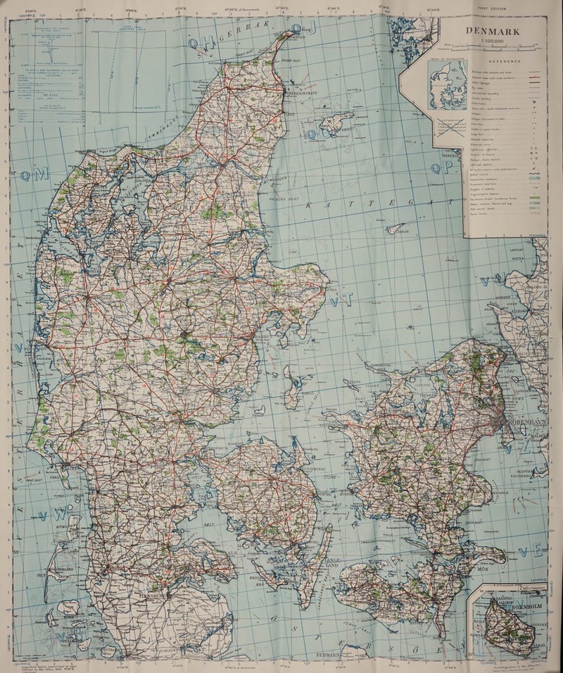 ~   640,000mN,  ENCE FOR CORNERS THIS SHEET  CPNVERG OF  N.(June 1942) and Grid N. from True W. for centre of sheet TRUE N   A GRID REFERENCE ON THIS SHEET nly LARGER Grid figures viz...._-__ 2go000 TOFTLUND    face of map it}edge of small square in which point les fe} Ty a <omeen - -   fon) wn —    Lod     _ So)  o   ee SS a 4       130 ,000I1.F. 4 5 raphical Section, General Staff N° 4: Published by War Office 1942. 8130'E. yp lazvlescs     —                                           FIRST EDITION                    AD yehce           rsting                       10100 E.of Greenwich          Photolithographe Copied from 4 SS ey Se DENMARK 1:520,000 } Miles 5 9 \ ie oa Per) Kilometres [eereer. | 30 _49 Kms, TO BOUNDARIES REFERENCE ‘ Railways with stations and halts —_ Arterial roads (with route numbers).........- —— Other highways, — By - roads. Pies ———_— International boundary........-.-reereseernnncre ne PTT County boundary ae Chief towns...... a (3 = Towns with c.1,000 inhabitants and over..... ® Villages. oe Villages (not named on map) Churches CT Castle or manor house x Large farm - Hospital, hydro etc Historical ruins = Lighthouse: Lightship. se Airport: Air beacon @ * Harbour: Radio station. z @ Life-boat station R Ferry for motors (with destinations) ae ee Water course ~ Submarine con tours nee S| Prominen t land-form ee! Heights in met 7 Tr igonomet tat b Deciduous fi t; Coniferous forest _ SRR Water meadow; Marsh and bog. 4 Salt marsh; Heath Fare 9 Sand; Dunes ’, 4 5 6 __470,000m)   i     5                
