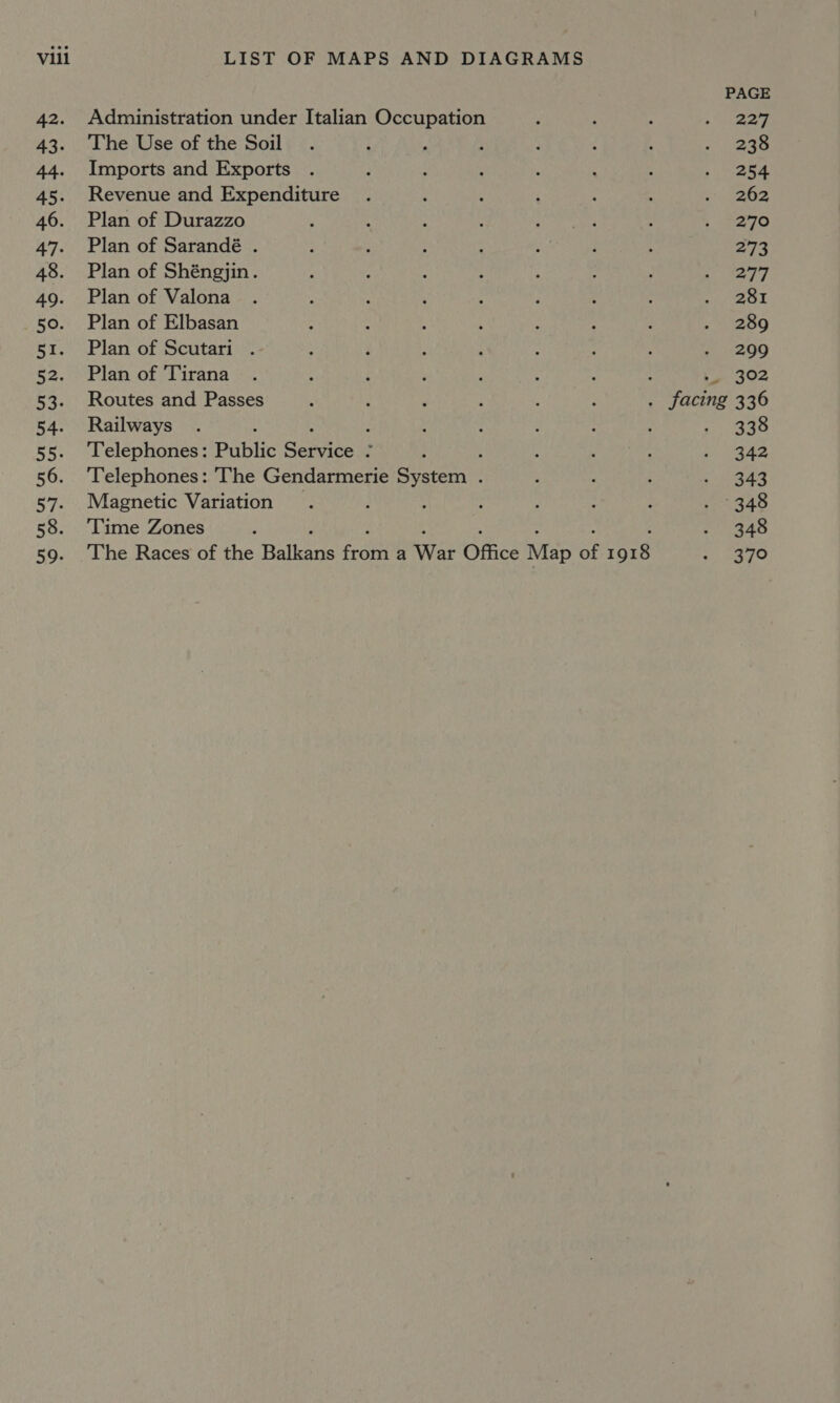 PAGE 42. Administration under Italian Occupation ; : ; , eee 43. The Use of the Soil . : : ; ; ‘ 4 rihhe-k {° 44. Imports and Exports . ; : ? : : : 1 eee 45. Revenue and Expenditure . ; ; ‘ : 3 aie ie) 46. Plan of Durazzo ; : : : ta eet : | 70 47. Plan of Sarandé . : : 1 . ; : : 273 48. Plan of Shéngjin. : : : : : A : er | 49. Planof Valona . : : ; : ; 2 , eel 50. Plan of Elbasan : : i : : : : Mh 258) 51. Plan of Scutari . ; ‘ : ; ‘ : : it 200 62..&gt; Plan of Tirana B : : ‘ : : [302 53. Routes and Passes ; ; : : : : + facing 336 54. Railways . . : : 5 . ‘ 338 55. Telephones: Pabhe Service A ; : 4 : : Heath ¥ 56. ‘Telephones: The Gendarmerie System . : : ; = ets 57. Magnetic Variation . ; : : : : : Nels #23) 58. ‘Time Zones ; Page 8) 59. The Races of the Balers font a War Office Map af ore I 270