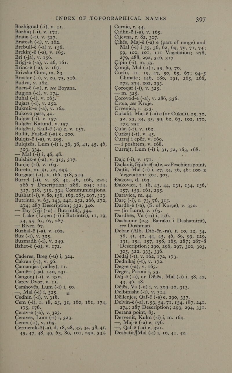Bozhigq (-i), v. 171. Brataj (-t), v. 327. Bratosh (-i), v. 162. Brebull-é (-a) v. 156. Brekinj-é (-a), v. 165. Bri (-ja), v. 156. Brigj-é (-a), v. 26, 161. Brinc-é (-a), v. 167. Brivska Gora, m. 83. Brostar (-i), v. 29,75, 316. Budva, v. 182. Buen-é (-a), r. see Boyana. Bugjon (-i), v. 174. Buhal (-i), v. 163. Bujars (-i), v. 252. Bukmir-é (-a), v. 164. Bukovo pass, 40. Bulgér (-i), v. 157. Bulgéri Katund, v. 157. Bulgérit, Kull-é (-a) e, v. 157. Bullit, Fush-é (-a) e, 100. Bulqiz-é (-a), v. 295. ON eae Ss haat 303, 3 — Mal at i, 46, 48. Bulshiz-é (ony; Wil9135. 317. Bunjaj (-t), v. 163. Bureto, m.°51,; 52,295: : Burgajet (-i), v. 166, 318, 319. Burrel (-i), v. 38, 41, 46, 166, 222; 286-7 Description; 288, 294; 314, 317, 318, 319, 334 Communicafions. Bushat (-i), v. 80, 156, 169, 185, 297, 313. Butrinto, v. 65, 143, 241, 252, 266, 272, 274; 287 Description; 332, 340. — Bay (Gji (-u) i Butrintit), 344. — Lake (Ligen (-i) i Butrintit), 11, 19, 54, 55> 65, 67, 287. — River, 67. Buzhal-é (-a), v. 162. Buz (-i), v. 325. Buzmadh (-i), v. 249. Bzhet-é (-a), v. 172. Cadéres, Breg (-u) i, 324. Cakran (-i), v. 56. Camanijas (valley), 11. Caméri (-ja), 140, 231. Cangonj (-i), v. 330. Carev Dvor, v. 11. Carshovés, Lum (-i) 1, 50. PE Mal (-i) i, 325: id Cedhin (-i), v. 318. Cem. {-1),-Tip-88, «25,9315 P75, 170: Cerav-é (-a), v. 323. Ceravés, Lum (-i) i, 323. Ceren (-i), v. 165. Cermenik-é (-a), d. 18, 28, 33, 34, 38, 41, 45, 47, 48, 49, 63, 89, 101, 290, 335. 160, 161, 174, 397 Cidhn-é (-a), v. 165. Cijevna, r. 82, 307. Cikés, Maj-é (-a) e (part of range) and Mal (-i) i 55, 56, 62, 69, 70, 71, 743 99, 100, IOI; III Vegetation; 278, 279, 288, 292, 316, 317. Cipin (-i), m. 55. Corajt, Mal (-i) i, 55, 69, 70. Corfu, II, 19, 47, 509, 65, 67; 94-5 Climate: 146, 180, 191, 265, 266, 272, 274, 292, 293. Corogaf (-i), v. 325. — mM. 325. Corovod-é (-a), v. 286, 336. Croia, see Krujé. Crvenica, ¥ 333 Cukalit, Maj- -é a a) e (or Cukali), 25, 30, 32, 33) 34) 35) 59, 62, 63, 102, 170, 173) 25 9- Culaj (-t), v. 162. Curkaj (-t), v. 45. Curraj i epér, v. 169. — 1 poshtém, v. 168. Currajt, Lum (-i) i, 31, 32, 163, 168. Daj¢ (-i), v. 171. Dajlanit,Gjuh-é(-a) e, seePeschiera point. Dajtit, Mal (-i) i, 27, 34, 36, 46; 100-2 Vegetation ; 301, 303. Dakova, d. 163. Dakovica, t. 18, 43, 44, 131, 134, 156, 157, 159, 161, 295. Daravica, m. 44. Dardh-é (-a), (S. of Korgé), v. 330. — (in Lura), v. 165. Dardhés, Va (-u) i, 156. Dashamir (e.g. Bajraku i Dashamirit), see Dushman. Debar (Alb. Dib-ér,-ra), t. 10, 12, 34, 38, 41, 42, 44, 45, 46, 89, 99, 129, 131, 154, 157, 158, 165, 287; 287-8 Description ; 290, 296, 297, 300, 303, 305, 322, 333, 336. Dedaj (-t), v. 162, 172, 173. Dednikaj (-t), Vaal y2e Deg-é (-a), v. 163. Degés, Prroni 1, 33. Déj-é (-a), or Déjés, Mal (-i) i, 38, 42, 43, 46, 48. Déjés, Va (-u) i, v. 309-10, 313. Delbinisht (-i), v. 314. Déllenjés, Qaf-é (-a) e, 290, 337. Delvin-é (=a), t. 53, 54, 71, 154, 187, 241. 274; 287 Description; 293, 294, 331. Derana point, 83. Dervenit, Kulm (-i) i, m. 164. —, Maj-é (-a) e, 176. —, Qaf-é (-a) e, 321. Deshatit,gMal (-i) i, 10, 41, 42.