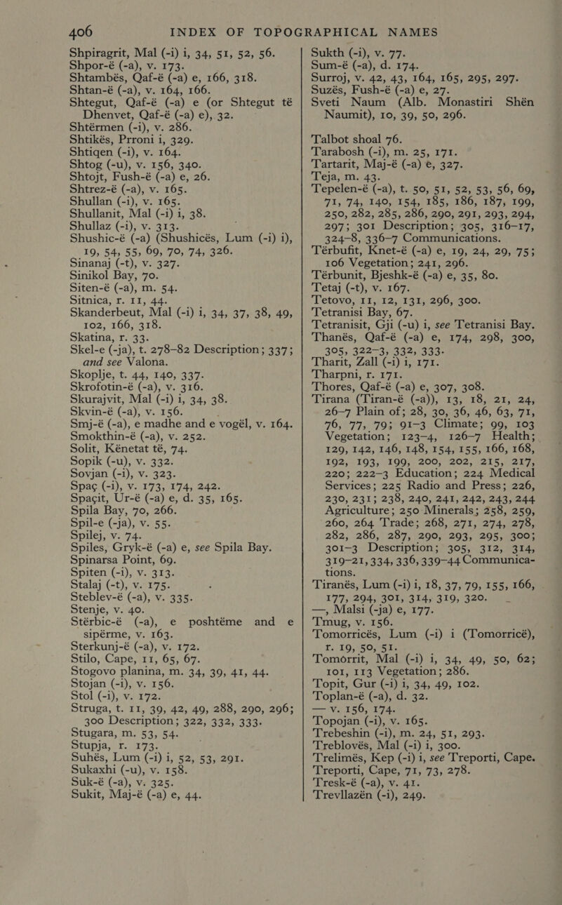 Shpiragrit, Mal (-i) i, 34, 51, 52, 56. Shpor-é (-a), v. 173. Shtambés, Qaf-é (-a) e, 166, 318. Shtan-é (-a), v. 164, 166. Shtegut, Qaf-é (-a) e (or Shtegut té Dhenvet, Qaf-é (-a) e), 32. Shtérmen (-i), v. 286. Shtikés, Prroni i, 329. Shtiqen (-i), v. 164. Shtog (-u), v. 156, 340. Shtojt, Fush-é (-a) e, 26. Shtrez-é (-a), v. 165. Shullan (-i), v. 165. Shullanit, Mal (-i) i, 38. Shullaz (-i), v. 313. Shushic-é (-a) (Shushicés, Lum (-1) i), 19, 54, 55, 69, 70, 74, 326. Sinanaj (-t), v. 327. Sinikol Bay, 70. Siten-é (-a), m. Fi Sitnica, r. II, 4 Skanderbeut, Mal (-i) 1, 34, 37, 38, 49, 102, 166, 318. Skatina, £342? Skel-e (-ja), t. 278-82 Description ; 337; and see Valona. Skoplje, t. 44, 140, 337. Skrofotin-é (-a), v. 316. Skurajvit, Mal (- uy 1034 ess Skvin-é (-a), v. 156 Smj-é (-a), e madhe and e vogél, v. 164. Smokthin-é (-a), v. 252. Solit, Kénetat té, 74. Sopik (-u), Vv. 332. Sovjan (-i), v. 323. Spag (-i), v. 173, 174, 242. Spacit, Ur-é (-a) e, d. 35, 165. Spila Bay, 70, 266. Spil-e (-ja), v. 55. Spilej, v. 74. Spiles, Gryk-é (-a) e, see Spila Bay. Spinarsa Point, 69. Spiten (-i), v. 313. Stalaj (-t), v. 175. Steblev-é (-a), v. 335. Stenje, v. 40. Stérbic-é (-a), e sipérme, v. 163. Sterkunj-é (-a), v. 172. Stilo, Cape, 11, 65, 67. Stogovo planina, m. 34, 39, 41, 44. Stojan (-i), v. 156. Stol (-i), v. 172. Struga, t. II, 39, 42, 49, 288, 290, 296; 300 Description; 322, 332, 333- Stugara, m. 53, 54. Stupja, r. 173. Suhés, Lum (-i) i, 52, 53, 291. Sukaxhi (-u), v. 158. Suk-é (-a), v. 325. Sukit, Maj-é (-a) e, 44. poshtéme and e Sukth (-i), v. 77. Sum-é (-a), d. 174. Surroj, v. 42, 43, 164, 165, 295, 297. Suzés, Fush-é (-a) e, 27. Sveti Naum (Alb. Monastiri Shén Naumit), 10, 39, 50, 296. Talbot shoal 76. Tarabosh (-i), m. 25, 171. Tartarit, Maj-é (-a) e, 327. Teja, m. 43. Tepelen-é (-a), t. 50, 51, 52, 53, 56, 69, 71, 74, 140, 154, 185, 186, 187, 199, 250, 282, 285, 286, 290, 291, 293, 294, 297; 301 Description; 305, 316-17, 324-8, 336-7 Communications. Térbufit, Knet-é (-a) e, 19, 24, 29, 753 106 Vegetation; 241, 296. Térbunit, Bjeshk-é (-a) e, 35, 80. Tetaj (-t), v. 167. Tetovo, 11, 12, 131, 296, 300. Tetranisi Bay, 67. Tetranisit, Gji (-u) i, see Tetranisi Bay. Thanés, Qaf-é (-a) e, 174, 298, 300, 395, 322-3, 332, 333- Tharit, Zall (-i) i, 171. Tharpni, r. 171. Thores, Qaf-é (-a) e, 307, 308. Tirana (Tiran-é (-a)), 13, 18, 21, 24, 26-7 Plain of; 28, 30, 36, 46, 63, 71, 76, 77, 793; 91-3 Climate; 99, 103 Vegetation; 123-4, 126-7 Health; 129, 142, 146, 148, 154, 155, 166, 168, 192, 193, 199, 200, 202, 215, 217, 220; 222-3 Education; 224 Medical Services; 225 Radio and Press; 226, 230, 231; 238, 240, 241, 242, 243, 244 Agriculture; 250 Minerals; 258, 259, 260, 264 Trade; 268, 271, 274, 278, 282, 286, 287, 290, 293, 295, 300; 301-3 Description; 305, 312, 314, 319-21, 334, 336, 339-44 Communica- tions. Tiranés, Lum (-i) i, 18, 37, 79, 155, 166, 177, 294, 301, 314, 319, 320. _ —, Malsi (-ja) e, 177. Tmug, v. 156. Tomorricés, Lum (-i) i (Tomorricé), Fr, 16,5025 3% Tomorrit, Mal (-i) i, 34, 49, 50, 62; 101, 113 Vegetation; 286. Topit, Gur (-i) 1, 34, 49, 102. Toplan-é (-a), d. 32. — v. 156, 174. Topojan (-i), v. 165. Trebeshin (-i), m. 24, 51, 293. Treblovés, Mal (-i) i, 300. Trelimés, Kep (-i) i, see Treporti, Cape. Treporti, Cape, 71, 73, 278. Tresk-é (-a), v. 41. Trevllazén (-i), 249.
