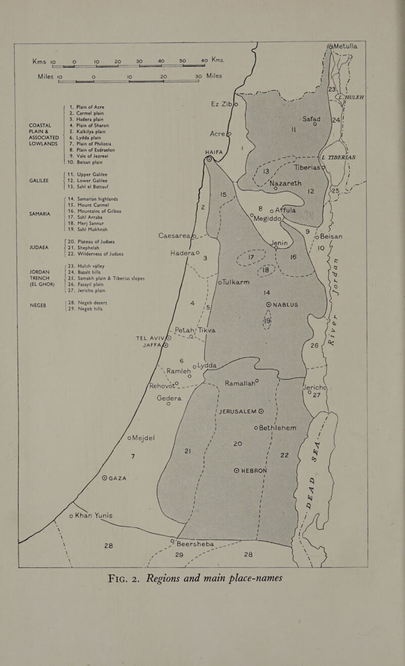      Ez Zibjo  . Plain of Acre - Carmel plain . Hadera plain . Plain of Sharon . Kalkilya plain . Lydda plain . Plain of Philistia . Plain of Esdraelon . Vale of Jezreel . Beisan plain  COASTAL PLAIN &amp; ASSOCIATED LOWLANDS . Upper Galilee . Lower Galilee GALILEE ‘3 . Sahl el Battauf Le = OVOMONAWNAWN = ad ok wn     . Samarian highlands « Mount Carmel . Mountains of Gilboa « Sahl Arraba . Merj Sannur . Sahl Mukhnah —&lt;$&lt;$&lt;—&lt;———n, =k ok ok ans SAMARIA   a ak ot won 20. Plateau of Judaea JUDAEA 21. Shephelah 22. Wilderness of Judaea 23. Hulch valley JORDAN | 24. Basalt hills TRENCH 25. Samakh plain &amp; Tiberias slopes (EL GHOR) | 26. Fasayil plain 27. Jericho plain            . Negeb desert . Negeb hills Nn oa NEGEB Nn ~  \ Rehovot® _-- Gedera re) oMejdel a  o Khan Yunis  Oo” _ Beersheba _ - Se 2G lle ae 28 ig pias  