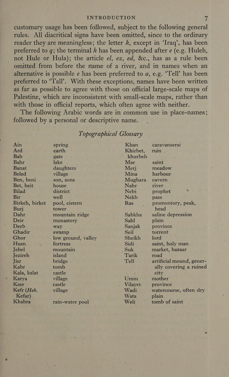 customary usage has been followed, subject to the following general tules. All diacritical signs have been omitted, since to the ordinary reader they are meaningless; the letter k, except in ‘Iraq’, has been preferred to q; the terminal / has been appended after e (e.g. Huleh, not Hule or Hula); the article el, ez, ed, &amp;c., has as a rule been omitted from before the name of a river, and in names when an alternative is possible e has been preferred to a, e.g. ‘Tell’ has been preferred to “Tall’. With these exceptions, names have been written as far as possible to agree with those on official large-scale maps of Palestine, which are inconsistent with small-scale maps, rather than with those in official reports, which often agree with neither. The following Arabic words are in common use in place-names; followed by a personal or descriptive name. Topographical Glossary Ain spring Khan caravanseral Ard earth Khirbet, ruin Bab gate khurbeh Bahr lake Mar saint Banat daughters Merj meadow Beled village Mina harbour Ben, beni son, sons Mughara cavern Bet, beit house Nahr river Bilad district Nebi prophet P Bir well Nekb pass Birkeh, birket pool, cistern Ras promontory, peak, Burj tower head Dahr mountain ridge Sabkha saline depression Deir monastery Sahl plain Derb way Sanjak province Ghadir swamp Seil torrent Ghor low ground, valley Sheikh lord Husn fortress Sidi saint, holy man Jebel mountain Suk market, bazaar Jezireh island Tarik road Jisr bridge Tell artificial mound, gener- Kabr tomb ally covering a ruined Kala, kalat castle city Karya village Umm mother Kasr castle Vilayet province Kefr (Heb. village Wadi watercourse, often dry Kefar) Wata plain Khabra rain-water pool Weli tomb of saint