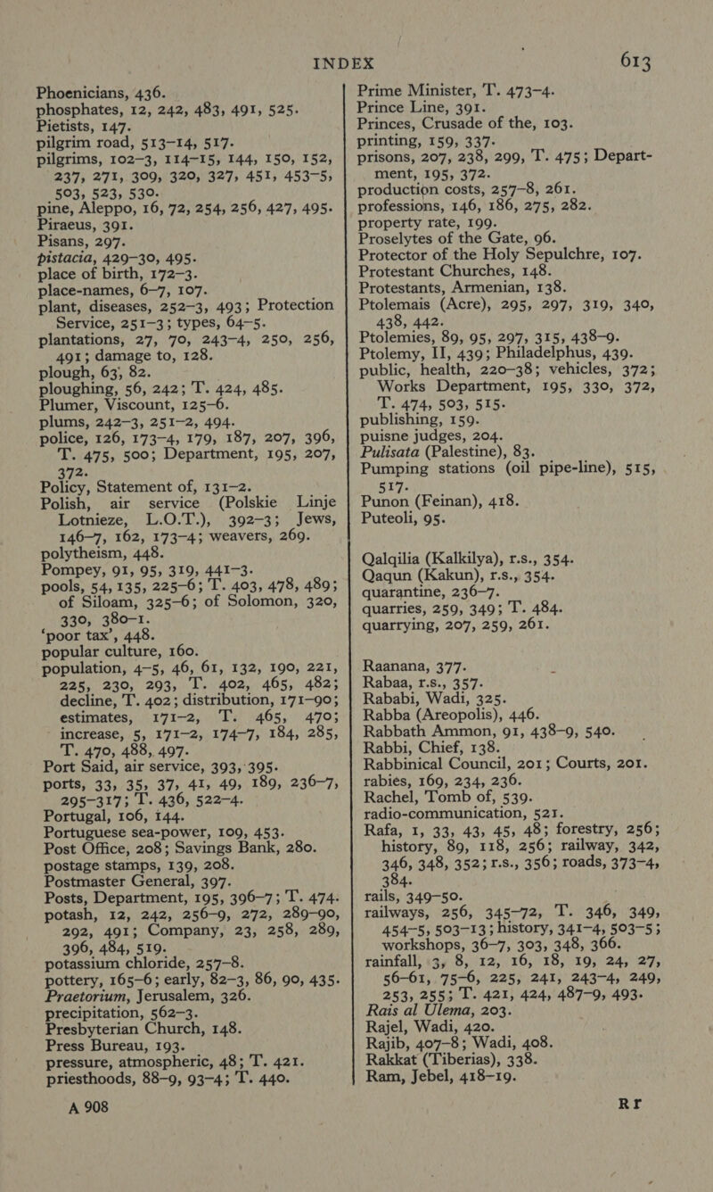 phosphates, 12, 242, 483, 491, 525. Pietists, 147. pilgrim road, 513-14, 517. pilgrims, 102-3, 114-15, 144, 150, 152, 237, 271, 309, 320, 327, 451, 453-5, 503, 523, 530. pine, Aleppo, 16, 72, 254, 256, 427, 495. Piraeus, 391. Pisans, 297. pistacia, 429-30, 495. place of birth, 172-3. place-names, 6-7, 107. plant, diseases, 252-3, 493; Protection Service, 251-3; types, 64-5. plantations, 27, 70, 243-4, 250, 256, 491; damage to, 128. plough, 63, 82. ploughing, 56, 242; T. 424, 485. Plumer, Viscount, 125-6. plums, 242-3, 251-2, 494. police, 126, 173-4, 179, 187, 207, 396, T. 475, 500; Department, 195, 207, 372. Policy, Statement of, 131-2. Polish, air service (Polskie Linje Lotnieze, L.O.T.), 392-3; Jews, 146-7, 162, 173-4; weavers, 269. polytheism, 448. Pompey, 91, 95, 319, 441-3. pools, 54,135, 225-6; T. 403, 478, 489; of Siloam, 325-6; of Solomon, 320, 330, 380-1. ‘poor tax’, 448. popular culture, 160. population, 4-5, 46, 61, 132, 190, 221, 225, 230, 293, T. 402, 465, 482; decline, T. 402; distribution, 171-90; estimates, 171-2, T. 465, 470; increase, 5, 171-2, 174-7, 184, 285, T. 470, 488, 497. Port Said, air service, 393,°395- ports, 33, 35, 37, 41, 49, 189, 236-7, 295-317; T. 436, 522-4. Portugal, 106, 144. Portuguese sea-power, 109, 453. Post Office, 208; Savings Bank, 280. postage stamps, 139, 208. Postmaster General, 397. Posts, Department, 195, 396-7; T. 474. potash, 12, 242, 256-9, 272, 289-90, 292, 491; Company, 23, 258, 289, 396, 484, 519. potassium chloride, 257-8. pottery, 165-6; early, 82-3, 86, 90, 435. Praetorium, Jerusalem, 326. precipitation, 562-3. Presbyterian Church, 148. Press Bureau, 193. pressure, atmospheric, 48; T. 421. priesthoods, 88-9, 93-4; T. 440. A 908 613 Prince Line, 391. Princes, Crusade of the, 103. printing, 159, 337- prisons, 207, 238, 299, T. 475; Depart- ment, 195, 372. production costs, 257-8, 261. professions, 146, 186, 275, 282. property rate, 199. Proselytes of the Gate, 96. Protector of the Holy Sepulchre, 107. Protestant Churches, 148. Protestants, Armenian, 138. Ptolemais (Acre), 295, 297, 319, 340, 438, 442. Ptolemies, 89, 95, 297, 315, 438-9. Ptolemy, II, 439; Philadelphus, 439. public, health, 220-38; vehicles, 372; Works Department, 195, 330, 372, T. 474, 503, 515- publishing, 159. puisne judges, 204. Pulisata (Palestine), 83. Pumping stations (oil pipe-line), 515, 5r7. Punon (Feinan), 418. Puteoli, 95. Qalqilia (Kalkilya), r.s., 354. Qaqun (Kakun), r.s., 354. quarantine, 236-7. quarries, 259, 349; T. 484. quarrying, 207, 259, 261. Raanana, 377. Rabaa, r.s., 357. Rababi, Wadi, 325. Rabba (Areopolis), 446. Rabbath Ammon, 91, 438-9, 540. Rabbi, Chief, 138. Rabbinical Council, 201; Courts, 201. rabies, 169, 234, 236. Rachel, Tomb of, 539. radio-communication, 521. Rafa, 1, 33, 43, 45, 48; forestry, 256; history, 89, 118, 256; railway, 342, 346, 348, 352; 1.s., 356; roads, 373-4, 384. rails, 349-50. i railways, 256, 345-72, T. 346, 349, 454-5, 503-13; history, 341-4, 503-5; workshops, 36-7, 303, 348, 366. rainfall) +3, 8, 12,16, 18, 19, 24; 27, 56-61, 75-6, 225, 241, 243-4, 249, 253, 255; T. 421, 424, 487-9, 493. Rais al Ulema, 203. Rajel, Wadi, 420. Rajib, 407-8; Wadi, 408. Rakkat (Tiberias), 338. Ram, Jebel, 418-19. Rr