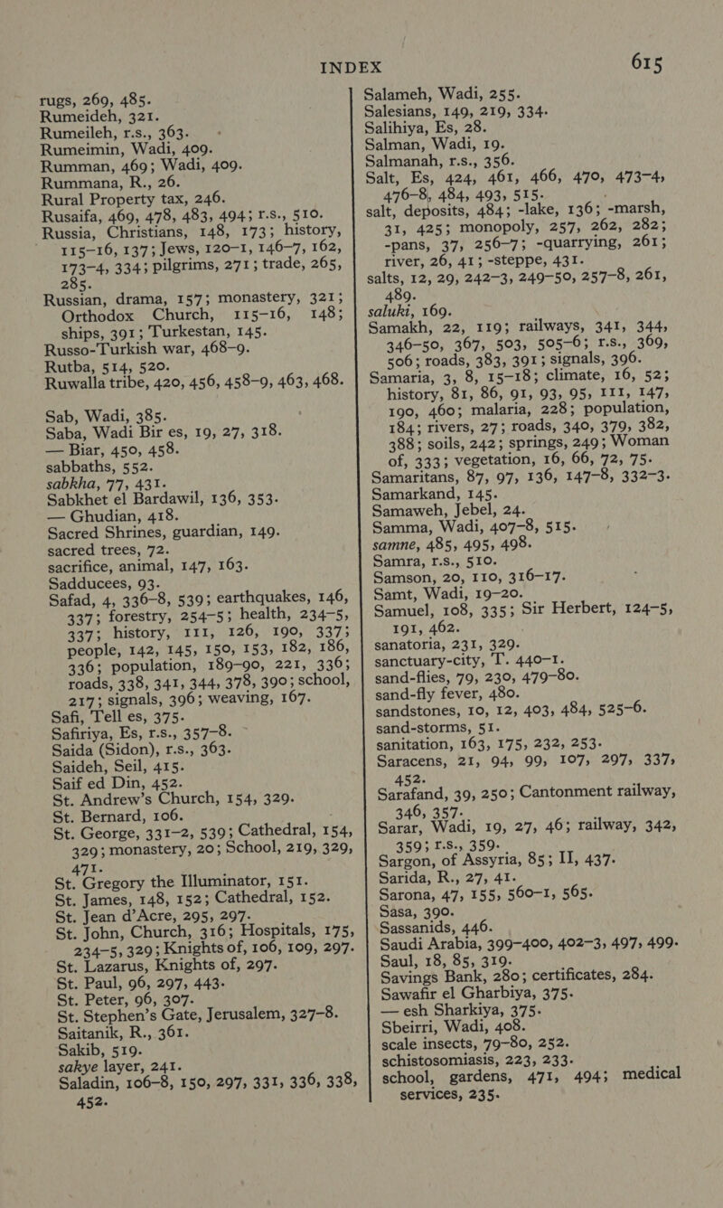 Rumeideh, 321. Rumeileh, r.s., 363. Rumeimin, Wadi, 409. Rumman, 469; Wadi, 409. Rummana, R., 26. Rural Property tax, 246. Rusaifa, 469, 478, 483, 4945 I-S., 510. Russia, Christians, 148, 173; history, 115-16, 137; Jews, 120-1, 146-7, 162, 173-4, 334; pilgrims, 271; trade, 265, 285. Russian, drama, 157; monastery, 321; Orthodox Church, 115-16, 148; ships, 391; Turkestan, 145. Russo-Turkish war, 468-9. Rutba, 514, 520. Ruwalla tribe, 420, 456, 458-9, 463, 468. Sab, Wadi, 385. Saba, Wadi Bir es, 19, 27, 318. — Biar, 450, 458. sabbaths, 552. sabkha, 77, 431. Sabkhet el Bardawil, 136, 353. — Ghudian, 418. Sacred Shrines, guardian, 149. sacred trees, 72. sacrifice, animal, 147, 163. Sadducees, 93. Safad, 4, 336-8, 539; earthquakes, 146, 337; forestry, 254-5; health, 234-5, 337; history, 111, 126, 190, 3373 people, 142, 145, 150, 153, 182, 186, 336; population, 189-90, 221, 336; roads, 338, 341, 344; 378, 390; school, 217; signals, 396; weaving, 167. Safi, Tell es, 375. Safiriya, Es, r.s., 357-8. ~ Saida (Sidon), r.s., 363. Saideh, Seil, 415. Saif ed Din, 452. St. Andrew’s Church, 154, 329. St. Bernard, 106. St. George, 331-2, 539; Cathedral, 154, 329; monastery, 20; School, 219, 329, 471. St. Gregory the Illuminator, 151. St. James, 148, 152; Cathedral, 152. St. Jean d’Acre, 295, 297- St. John, Church, 316; Hospitals, 175, 234-5, 329; Knights of, 106, 109, 297. St. Lazarus, Knights of, 297. St. Paul, 96, 297, 443- St. Peter, 96, 307. St. Stephen’s Gate, Jerusalem, 327-8. Saitanik, R., 361. Sakib, 519. sakye layer, 241. Saladin, 106-8, 150, 297, 331, 336, 338, 452.      615 Salameh, Wadi, 255. Salesians, 149, 219, 334- Salihiya, Es, 28. Salman, Wadi, 19. Salmanah, r.s., 356. Salt, Es, 424, 461, 466, 470, 473-4, 476-8, 484, 493, 515. salt, deposits, 484; -lake, 136; -marsh, 31, 425; monopoly, 257, 262, 282; -pans, 37, 256-7; -quarrying, 261; river, 26, 41; -steppe, 431. salts, 12, 29, 242-3, 249-50, 257-8, 261, 489. saluki, 169. | Samakh, 22, 119; railways, 341, 344, 346-50, 367, 503, 505-6; r.s., 369, 506; roads, 383, 391; signals, 396. Samaria, 3, 8, 15-18; climate, 16, 52; history, 81, 86, 91, 93, 95, III, 147; 190, 460; malaria, 228; population, 184; rivers, 27; roads, 340, 379, 382, 388; soils, 242; springs, 249; Woman of, 333; vegetation, 16, 66, 72, 75. Samaritans, 87, 97, 136, 147-8, 332-3- Samarkand, 145. Samaweh, Jebel, 24. Samma, Wadi, 407-8, 515. samne, 485, 495, 498. Samra, r.s., 510. Samson, 20, 110, 316-17. Samt, Wadi, 19-20. Samuel, 108, 335; Sir Herbert, 124-5, 191, 462. sanatoria, 231, 329. sanctuary-city, T. 440-1. sand-flies, 79, 230, 479-80. sand-fly fever, 480. sandstones, 10, 12, 403, 484, 525-6. sand-storms, 51. sanitation, 163, 175, 232, 253- Saracens, 21, 94, 99, 107, 297; 337; 452. Sarafand, 39, 250; Cantonment railway, 346, 357-. Sarar, Wadi, 19, 27, 46; railway, 342, 3595 1-S., 359- | Sargon, of Assyria, 85; II, 437. Sarida, R., 27, 41. Sarona, 47, 155, 500-1, 565. Sasa, 390. Sassanids, 446. Saudi Arabia, 399-400, 402-3, 497; 499. Saul, 18, 85, 319. Savings Bank, 280; certificates, 284. Sawafir el Gharbiya, 375. — esh Sharkiya, 375. Sbeirri, Wadi, 408. scale insects, 79-80, 252. schistosomiasis, 223, 233- school, gardens, 471, 494; medical services, 235.