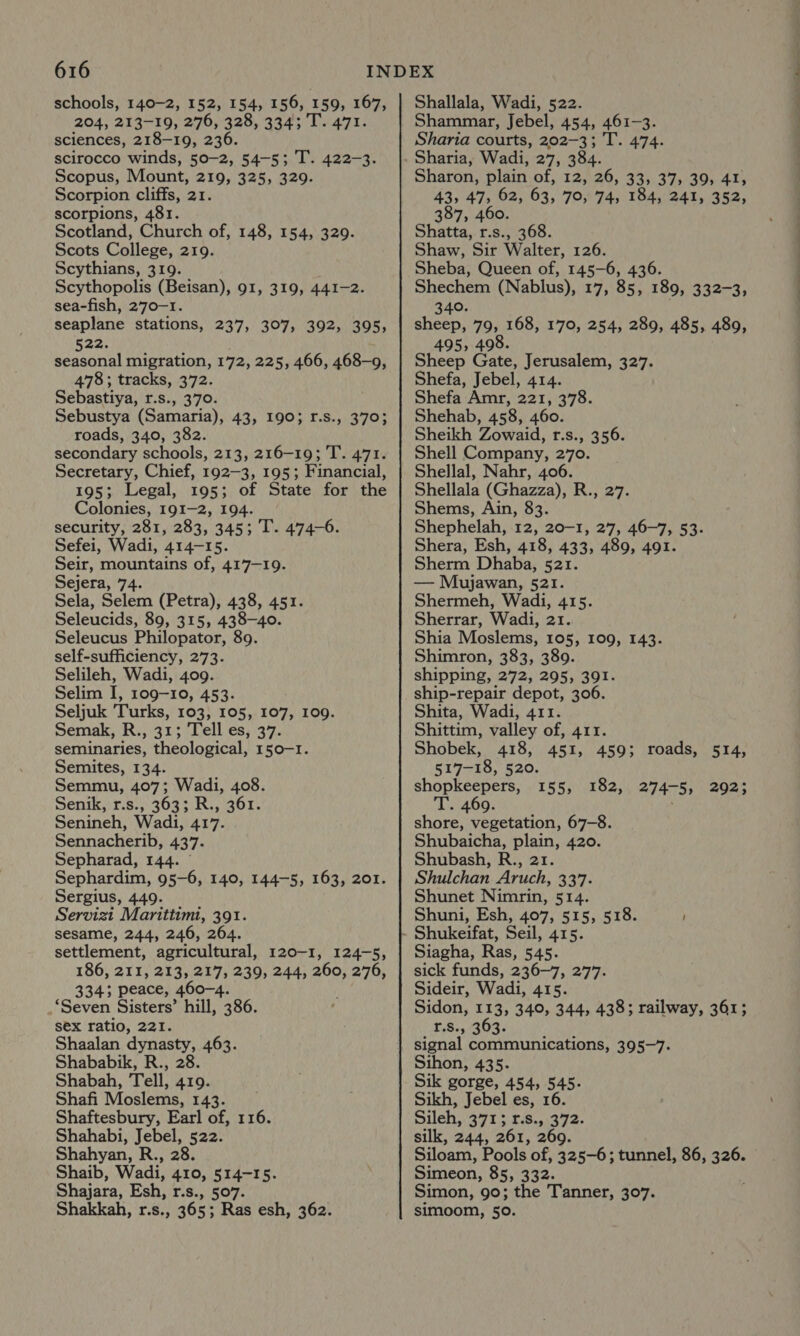 schools, 140-2, 152, 154, 156, 159, 167, 204, 213-19, 276, 328, 334; T. 471. sciences, 218-19, 236. scirocco winds, 50-2, 54-5; T. 422-3. Scopus, Mount, 219, 325, 329. Scorpion cliffs, 21. scorpions, 481. Scotland, Church of, 148, 154, 329. Scots College, 219. Scythians, 319. Scythopolis (Beisan), 91, 319, 441-2. sea-fish, 270-1. seaplane stations, 237, 307, 392, 395, aa seasonal migration, 172, 225, 466, 468-9, 478; tracks, 372. Sebastiya, £82,370; Sebustya (Samaria), 43, 190; r.s., 370; roads, 340, 382. secondary schools, 213, 216-19; T. 471. Secretary, Chief, 192-3, 195; Financial, 195; Legal, 195; of State for the Colonies, 191-2, 194. security, 281, 283, 345; T. 474-6. Sefei, Wadi, 414-15. Seir, mountains of, 417-19. Sejera, 74. Sela, Selem (Petra), 438, 451. Seleucids, 89, 315, 438-40. Seleucus Philopator, 89. self-sufficiency, 273. Selileh, Wadi, 409. Selim I, 109-10, 453. Seljuk Turks, 103, 105, 107, 109. Semak, R., 31; Tell es, 37. seminaries, theological, 150-1. Semites, 134. Semmu, 407; Wadi, 408. Senik, r.s., 363; R., 361. Senineh, Wadi, 417. Sennacherib, 437- Sepharad, 144. Sephardim, 95-6, 140, 144-5, 163, 201. Sergius, 449. Servizi Marittimi, 391. sesame, 244, 246, 264. settlement, agricultural, 120-1, 124-5, 186, 211, 213, 217, 239, 244, 260, tly, 3343 peace, 460-4. ‘Seven Sisters’ hill, 386. sex ratio, 221. Shaalan dynasty, 463. Shababik, R., 28. Shabah, Tell, 419. Shafi Moslems, 143. Shaftesbury, Earl of, 116. Shahabi, Jebel, 522. Shahyan, R., 28. Shaib, Wadi, 410, 514-15. Shajara, Esh, r.s., 507. Shakkah, r.s., 365; Ras esh, 362. Shallala, Wadi, 522. Shammar, Jebel, 454, 461-3. Sharia courts, 202-3; T. 474. Sharia, Wadi, 27, 384. Sharon, plain of, 12, 26, 33, 37, 39, 41, 43, 47, 62, 63, 70, 74, 184, 241, 352, 387, 460. Shatta, r.s., 368. Shaw, Sir Walter, 126. Sheba, Queen of, 145-6, 436. Shechem (Nablus), 17, 85, 189, 332-3, 340. sheep, 79, 168, 170, 254, 289, 485, 489, 495, 498. Sheep Gate, Jerusalem, 327. Shefa, Jebel, 414. Shefa Amr, 221, 378. Shehab, 458, 460. Sheikh Zowaid, r.s., 356. Shell Company, 270. Shellal, Nahr, 406. Shellala (Ghazza), R., 27. Shems, Ain, 83. Shephelah, 12, 20-1, 27, 46-7, 53. Shera, Esh, 418, 433, 489, 491. Sherm Dhaba, 521. — Mujawan, 521. Shermeh, Wadi, 415. Sherrar, Wadi, 21. Shia Moslems, 105, 109, 143. Shimron, 383, 389. shipping, 272, 295, 391. ship-repair depot, 306. Shita, Wadi, 411. Shittim, valley of, 411. Shobek, 418, 451, 459; roads, 514, 517-18, 520. shopkeepers, 155, 182, 274-5, 292; Langs ; shore, vegetation, 67-8. Shubaicha, plain, 420. Shubash, R., 21 Shulchan Aruch, 337. Shunet Nimrin, 514. Shuni, Esh, 407, 515, 518. ' Siagha, Ras, 545. sick funds, 236-7, 277. Sideir, Wadi, 415. Sidon, 113, 340, 344, 438; railway, 361; £,8.,,303: signal communications, 395-7. Sihon, 435. Eo iM eoree, 454, 545. ikh, Jebel es, 16. Sick, a7t* 2.8.22. silk, 244, 261, 269. Siloam, Pools of, 325-6; tunnel, 86, 326. Simeon, 85, 332. Simon, go; the Tanner, 307. simoom, 50. —— —— es