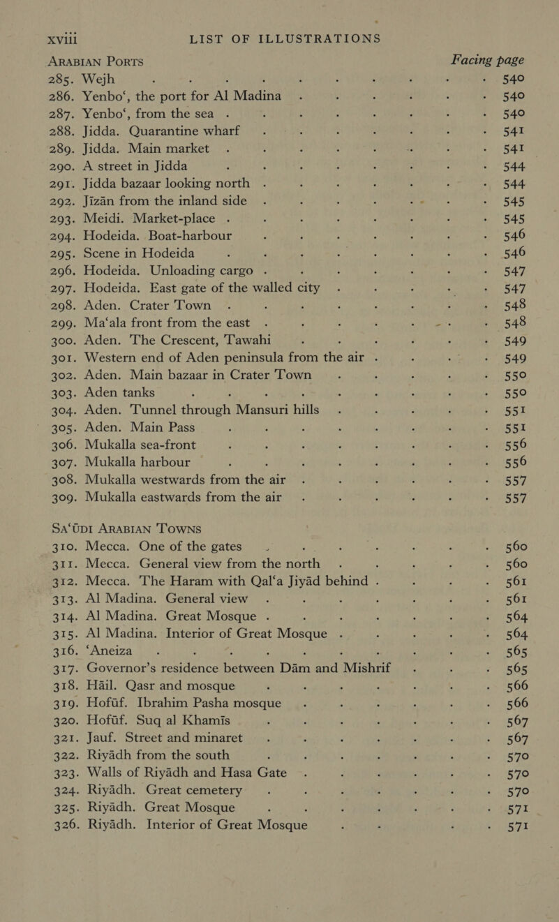 ARABIAN Ports Facing page 285. Wejh ,  : . F 4 : . 540 286. Yenbo‘, the port fee Al Madina : : : ‘ : - 540 287. Yenbo‘, from the sea . : : : : : : ; 540 288. Jidda. Quarantine wharf. 3 : f ; : + 54% 289. Jidda. Main market . . ; : t . a Sa 290. A street in Jidda : ; : é : ‘ : SY cae 291. Jidda bazaar looking north . ; : : : : a, Sat 292. Jizan from the inland side . ; : ; &lt;1 a 293. Meidi. Market-place . 4 : é 2 ; : an). SA8 294. Hodeida. Boat-harbour ; ; ; : : ; a S46 295. Scene in Hodeida : , . : : ; : 2 S40 296. Hodeida. Unloading cargo . ; : ; : 2 eo SA 297. Hodeida. East gate of the walled city . ; ; 2 aL y, 298. Aden. Crater Town . ; : ; , : : e545 299. Ma‘ala front from the east . , : ‘ Ret eh 5 A8 300. Aden. The Crescent, ‘Tawahi : é : ; , ;° 549 301. Western end of Aden peninsula from the air . A aera S40 302. Aden. Main bazaar in Crater Town : ; : 2 2 (Ss0 303. Aden tanks 3 ; : ; » Tat 304. Aden. Tunnel eS Raven hills : : ; F y) ee 305. Aden. Main Pass : : ; : A : ; a fair 306. Mukalla sea-front / ; ‘ : . ; : a A556 307. Mukalla harbour : : . I ; ; : y 556 308. Mukalla westwards from the air . ‘ f ; : A, 309. Mukalla eastwards from the air. : A : : cs SG Sa‘up1 ARABIAN TOWNS 310. Mecca. One of the gates . ; ; a : ; . 560 311. Mecca. General view from the north . ‘ : , ot Se 312. Mecca. The Haram with Qal‘a Jiyad behind . ; , aie 313. Al Madina. General view . , 3 ; ; i IES 314. Al Madina. Great Mosque . : : : ; A Pe 508 315. Al Madina. Interior of Great Mosque . : : : a S04 316. ‘Aneiza_ . ; , , : ‘ ‘ eRe 317. Governor’s residence Sea Dam and Mishrif : : ry ee 318. Hail. Qasr and mosque . : ; : 2 , . 566 319. Hofaf. Ibrahim Pasha mosque. : : ‘ . o: Ac6e 320. Hofaf. Suq al Khamis : : : y : i a es Ge 321. Jauf. Street and minaret. ; f : : : . 956% 322. Riyadh from the south ; ; : : ' : y peaes 323. Walls of Riyadh and Hasa Gate . ; ; . : 2 ae 324. Riyadh. Great cemetery ‘ é : z ; ; : 570 325. Riyadh. Great Mosque : : 4 ‘ 4 yay 326. Riyadh. Interior of Great Roane . . : = te