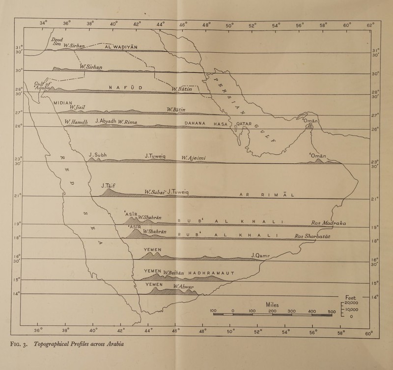 W. Ajeimi LLLLLLLLLLL. LLIZILLIDILILDILLIT LL LILLIA LIA  red -Tuweig reerx iLL LLL PDD  Fic. 3. Topographical Profiles across Arabia