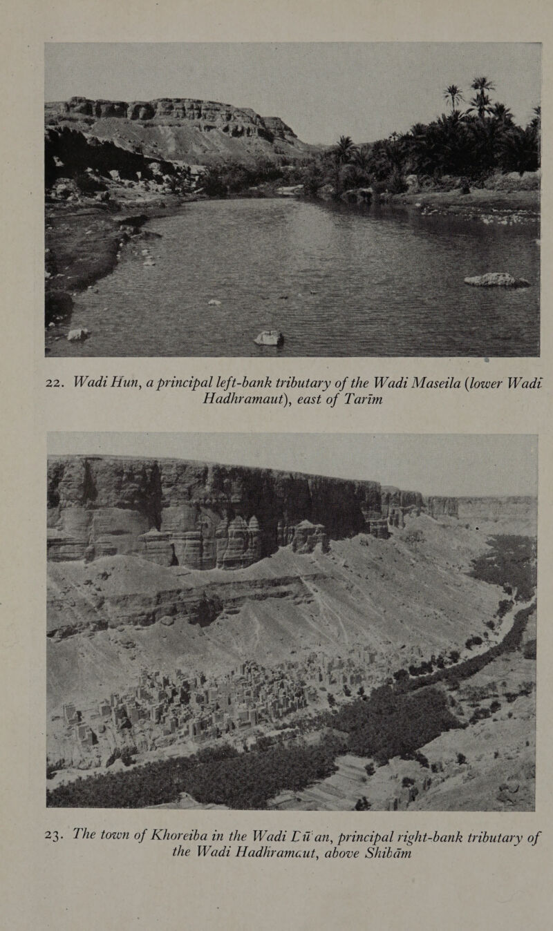  22. Wadi Hun, a principal left-bank tributary of the Wadi Maseila (lower Wadi Hadhramaut), east of Tarim  23. Lhe town of Khoreiba in the Wadi Lian, principal right-bank tributary of the Wadi Hadhrameéut, above Shibam