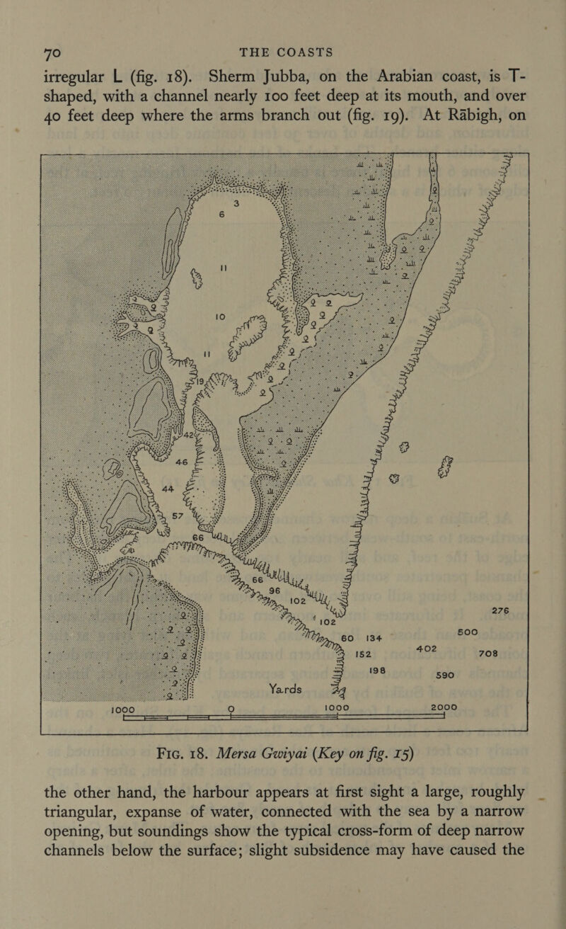 irregular L (fig. 18). Sherm Jubba, on the Arabian coast, is T- shaped, with a channel nearly 100 feet deep at its mouth, and over 40 feet deep where the arms branch out (fig. 19). At Rabigh, on  the other hand, the harbour appears at first sight a large, roughly triangular, expanse of water, connected with the sea by a narrow opening, but soundings show the typical cross-form of deep narrow channels below the surface; slight subsidence may have caused the