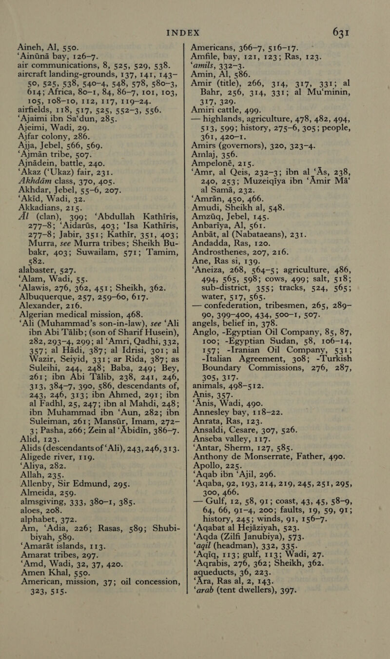 ‘Ainina bay, 126-7. air communications, 8, 525, 529, 538. aircraft landing-grounds, 137, 141, 143- 5°, 525, 538, 549-4, 548, 578, 580-3, 614; Africa, 80-1, 84, 86-7, 101, 103, 105, 108-10, I12, 117, 119-24. airfields, 118, 517, 525, 552-3, 556. ‘Ajaimi ibn Sa‘dun, 285. Ajeimi, Wadi, 29. Ajfar colony, 286. Ajja, Jebel, 566, 569. ‘Ajman tribe, 507. Ajnadein, battle, 240. ‘Akaz (‘Ukaz) fair, 231. Akhdam class, 370, 405. Akhdar, Jebel, 55-6, 207. ‘Akid, Wadi, 32. Akkadians, 215. Al (clan), 399; ‘Abdullah Kathiris, 277-8; ‘Aidariis, 403; ‘Isa Kathiris, 277-8; Jabir, 351; Kathir, 351, 403; Murra, see Murra tribes; Sheikh Bu- bakr, 403; Suwailam, 571; Tamim, 582. alabaster, 527. ‘Alam, Wadi, 55. ‘Alawis, 276, 362, 451; Sheikh, 362. Albuquerque, 257, 259-60, 617. Alexander, 216. Algerian medical mission, 468. ‘Ali (Muhammad’s son-in-law), see ‘Ali ibn Abi Talib; (son of Sharif Husein), 282, 293-4, 299; al ‘Amri, Qadhi, 332, 357; al Hadi, 387; al Idrisi, 301; al Wazir, Seiyid, 331; ar Rida, 387; as Suleihi, 244, 248; Baba, 249; Bey, 261; ibn Abi Talib, 238, 241, 246, 313, 384-7, 390, 586, descendants of, 243, 246, 313; ibn Ahmed, 291; ibn al Fadhl, 25, 247; ibn al Mahdi, 248; ibn Muhammad ibn ‘Aun, 282; ibn Suleiman, 261; Mansir, Imam, 272- 3; Pasha, 266; Zein al ‘Abidin, 386-7. Alid, 123. Alids (descendants of ‘Ali), 243, 246, 313. Aligede river, 119. ‘Aliya, 282. Allah, 235. Allenby, Sir Edmund, 295. Almeida, 259. almsgiving, 333, 380-1, 385. aloes, 208. alphabet, 372. Am, ‘Adia, 226; Rasas, 589; Shubi- biyah, 589. ‘Amarat islands, 113. Amarat tribes, 297. ‘Amd, Wadi, 32, 37, 420. Amen Khal, 550. American, mission, 37; oil concession, 323, 515. 631 Amfile, bay, 121, 123; Ras, 123. ‘amils, 332-3. Amin, Al, 586. Amir (title), 266, 314, 317, 331; al Bahr, 256, 314, 331; al Mu‘minin, 317, 329. Amiri cattle, 499. — highlands, agriculture, 478, 482, 494, 513, 599; history, 275-6, 305; people, 361, 420-1. Amirs (governors), 320, 323-4. Amlaj, 356. Ampeloné, 215. ‘Amr, al Qeis, 232-3; ibn al ‘As, 238, 240, 253; Muzeigiya ibn ‘Amir Ma‘ al Sama, 232. ‘Amran, 450, 466. Amudi, Sheikh al, 548. Amzigq, Jebel, 145. Anbariya, Al, 561. Anbiat, al (Nabataeans), 231. Andadda, Ras, 120. Androsthenes, 207, 216. Ane, Ras si, 139. ‘Aneiza, 268, 564-5; agriculture, 486, 494, 565, 598; cows, 499; salt, 518; sub-district, 355; tracks, 524, 565; water, 517, 565. — confederation, tribesmen, 265, 289- 90, 399-400, 434, 500-1, 507. angels, belief in, 378. Anglo, -Egyptian Oil Company, 85, 87, 100; -Egyptian Sudan, 58, 106-14, 157; -lranian Oil Company, 531; -Italian Agreement, 308; -Turkish Boundary Commissions, 276, 287, 305, 317. animals, 498-512. Anis, 357. ‘Anis, Wadi, 490. Annesley bay, 118-22. Anrata, Ras, 123. Ansaldi, Cesare, 307, 526. Anseba valley, 117. ‘Antar, Sherm, 127, 585. Anthony de Monserrate, Father, 490. _ Apollo, 225. ‘Aqab ibn ‘Ajil, 296. ‘Aqaba, 92, 193, 214, 219, 245, 251, 295, 300, 466. — Gulf, 12, 58, 91; coast, 43, 45, 58-9, 64, 66, QI-4, 200, faults, 19, 59, 91; history, 245; winds, 91, 156-7. ‘Aqabat al Hejaziyah, 523. ‘Aqda (Zilfi Janubiya), 573. ‘aqil (headman), 332, 335. ‘Aqiq, 113; gulf, 113; Wadi, 27. ‘Aqrabis, 276, 362; Sheikh, 362. aqueducts, 36, 223. ‘Ara, Ras al, 2, 143. ‘arab (tent dwellers), 397.