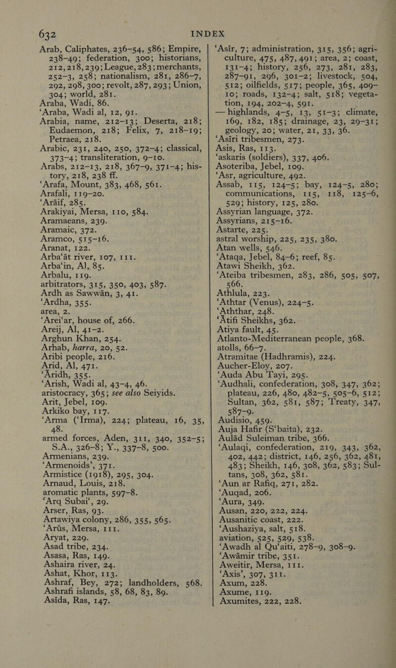 Arab, Caliphates, 236-54, 586; Empire, 238-49; federation, 300; historians, 212,218,239; League, 283 ; merchants, A ew 258; nationalism, 281, 286-7, 292, 298, 300; revolt, 287, 293; Union, 304; world, 281. Araba, Wadi, 86. ‘Araba, Wadi al, 12, 91. Arabia, name, 212-13; Deserta, 218; Eudaemon, 218; Felix, 7, 218-19; Petraea, 218. Arabic, 231, 240, 250, 372-4; classical, 373-4; transliteration, 9-10. Arabs, 212-13, 218, 367-9, 371-4; his- tory, 218, 238 ff. ‘Arafa, Mount, 383, 468, 561. Arafali, 119-20. ‘Araif, 285. Arakiyai, Mersa, 110, 584. Aramaeans, 239. Aramaic, 372. Aramco, 515-16. Aranat, 122. Arba‘at river, 107, I11. Arba‘in, Al, 85. Arbalu, 119. arbitrators, 315, 350, 403, 587. Ardh as Sawwan, 3, 41. “Ardha, 355. area, 2. “Arei’ ar, house of, 266. Areij, Al, 43-2. Arghun Khan, 254. Arhab, harra, 20, 52. Aribi people, 216. Arid, Al, 471. ‘Kridh, 355- ‘Arish, Wadi al, 43-4, 46. aristocracy, 365; see also Seiyids. Arit, Jebel, 109. Arkiko bay, 117. ‘Arma (‘Irma), 224; plateau, 16, 35, 48. armed forces, Aden, 311, 340, 352-5; S.A., 326-8; Y., 337-8, 500. Armenians, 239. ‘Armenoids’, 371. Armistice (1918), 295, 304. Arnaud, Louis, 218. aromatic Pla 597-8. “Arq Subai‘, Arser, Ras, nee: Artawiya colony, 286, 355, 565. “Arius, Mersa, 111. Aryat, 229. Asad tribe, 234. Asasa, Ras, 149. Ashaira river, 24. Ashat, Khor, 113. Ashraf, Bey, 272; landholders, 568. Ashrafi islands, 58, 68, 83, 89. Asida, Ras, 147. ‘Asir, 7; administration, 315, 356; agri- culture, 475, 487, 491; area, 2; coast, 131-4; history, 256, 273, 281, 283, 287-91, 296, 301-2; livestock, 504, 512; oilfields, 517; people, 365, 409- 10; roads, 132-4; salt, 518; vegeta- tion, 194, 202-4, 591. — highlands, 4-5, 13, 51-3; climate, 169, 182, 185; drainage, 23, 29-31; geology, 20; water, 21, 33, 3 ‘Asiri tribesmen, 273. Asis, Ras, 113. ‘askaris (soldiers), 337, 406. Asoteriba, Jebel, 109. ‘Asr, agriculture, 492. Assab, 115, 124-5; bay, 124-5, 280; communications, 115, 118, 125-6, 529; history, 125, 280. Assyrian language, 372. Assyrians, 215-16. Astarte, 225. astral worship, 225, 235, 380. Atan wells, 546. ‘Ataqa, Jebel, 84-6; reef, 85. Atawi Sheikh, 362. ‘Ateiba tribesmen, 283, 286, 505, 507, 566. Athlula, 223. ‘Athtar (Venus), 224-5. ‘Aththar, 248. ‘Atifi Sheikhs, 362. Atiya fault, 45. Atlanto-Mediterranean people, 368. atolls, 66-7. Atramitae (Hadhramis), 224. Aucher-Eloy, 207. ‘Auda Abu Tayi, 295. ‘Audhali, confederation, 308, 347, 362; plateau, 226, 480, 482-5, 505-6, 512; Sultan, 362, 581, 587; Treaty, 347, 587-9. Audisio, 459. Auja Hafir (S‘baita), 232. Aulad Suleiman tribe, 366. ‘Aulaqi, confederation, 219, 343, 362, 402, 442; district, 146, 256, 362, 481, 483; Sheikh, 146, 308, 362, 583; Sul- tans, 308, 362, 581. ‘Aun ar Rafiq, 271, 282. ‘Augad, 206. ‘Aura, 349. Ausan, 220, 222, 224. Ausanitic coast, 222. ‘Aushaziya, salt, 518. aviation, 525, 529, 538. ‘Awadh al Qu‘aiti, 278-9, 308-9. ‘Awamir tribe, 351. Aweitir, Mersa, 111. ‘Axis:,. 307, 3is Axum, 228. Axume, I19. Axumites, 222, 228.