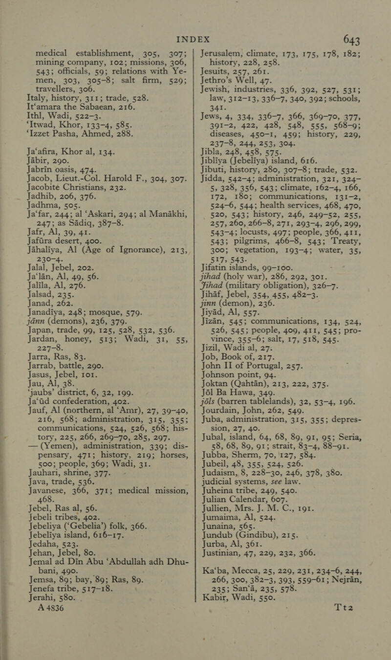 A es medical establishment, 305, 307; mining company, 102; missions, 306, 543; Officials, 59; relations with Ye- men, 303, 305-8; salt firm, 529; travellers, 306. Italy, history, 311; trade, 528. Ithl, Wadi, 522-3. ‘Izzet Pasha, Ahmed, 288. Ja‘afira, Khor al, 134. Jabir, 290. Jabrin oasis, 474. Jacob, Lieut.-Col. Harold F., 304, 307. Jacobite Christians, 232. Jadhib, 206, 376. Jadhma, 505. Ja‘far, 244; al ‘Askari, 294; al Manakhi, 247; as Sadiq, 387-8. Jafr, Al, 39, 41. Jafira desert, 400. Jahaliya, Al (Age of Ignorance), 213, 230-4. Jalal, Jebel, 202. Ja‘lan, Al, 49, 56. Jalila, Al, 276. Janad, 262. Janadiya, 248; mosque, 579. jann (demons), 236, 379. Japan, trade, 99, 125, 528, 532, 536. Jardan, honey, 513; Wadi, 31, 55, 227-8. Jarra, Ras, 83. Jarrab, battle, 290. Jasus, Jebel, ror. Jau, Al, 38. ‘jaubs’ district, 6, 32, 199. Ja‘ad confederation, 402. Jauf, Al (northern, al ‘Amr), 27, 39-40, 216, 568; administration, 315, 355; communications, 524, 526, 568; his- tory, 225, 266, 269-70, 285, 297. i (Yemen), administration, 339; dis- pensary, 471; history, 219; horses, 500; people, 369; Wadi, 31. Jauhari, shrine, 377. Java, trade, 536. Javanese, 366, 371; medical mission, 468. Sie Ras al, 56. Jebeli tribes, 402. Jebeliya (‘ Gebelia’ ) folk, 366. Jebeliya island, 616-17. Jedaha, 523. Jehan, Jebel, 80. Jemal ad Din Abu ‘Abdullah adh Dhu- bani, 490. Jemsa, 89; bay, 89; Ras, 89. Jenefa tribe, 517-18 Jerahi, 580. A 4836 Jerusalem, climate, 173, 175, 178, 182; history, 228, 258. Jesuits, 257, 261. Jethro’s Well, 47. Jewish, industries, 336, 392, 527, 531; law, 312-13, 336-7, 340, 392; schools, Jews, 4, 334, 336-7, 366, 369-70, 377, diseases, 450-I, 459; history, 229, 237-8, 244, Soka 304. Jibla, 248, 458, 5 Jibliya (leheien? pA 616. Jibuti, history, 280, 307-8; trade, 532. Jidda, 542-4; administration, 321, 324- 5, 328, 356, 543; climate, 162-4, 166, 172, 180; communications, 131-2, 524-6, 544; health services, 468, 470, 520, 543; history, 246, 249-52, 255, 257, 260, 266-8, 271, 293-4, 296, 299, 543-43 locusts, 497; people, 366, 411, 543; pilgrims, 466-8, 543; Treaty, 300; vegetation, 193-4; water, 35, 517, 543- Jifatin islands, g9—100. jthad (holy war), 286, 292, 301. Fihad (military obligation), 326-7. jinn (demon), 236. Jiyad, Al, 557. Jizan, 545; communications, 134, 524, 526, 545; people, 409, 411, 545; pro- vince, 355-6; salt, 17, 518, 545. Jizil, Wadi al, 27: Job, Book of, 217. John II of Portugal, 257. Johnson point, 94. Joktan (Qahtan), 213, 222, 375. J6l Ba Hawa, 349. jols (barren tablelands), 32, 53-4, 196. Jourdain, John, 262, 549. Juba, administration, 315, 355; depres- sion, 27, 40. Jubal, island, 64, 68, 89, 91, 95; Seria, 58, 68, 89, 91; strait, 83-4, 88-91. Jubba, Sherm, 70, 127, 584. Jubeil, 48, 355, 524, 526. Judaism, 8, 228-30, 246, 378, 380. judicial systems, see law. Juheina tribe, 249, 540. Julian Calendar, gk Jullien, Mrs. J. M. C., 1gr. Jumaima, Al, 524. Junaina, 565. Jundub (Gindibu), 215. Jurba, Al, 361. Justinian, 47, 229, 232, 366. Ka‘ba, Mecca, 25, 229, 231, 234-6, 244, 266, 300, 382-3, 393, 559-61; Nejran, 235; San‘a, 235, 578. Kabir, Wadi, 550. fd bee