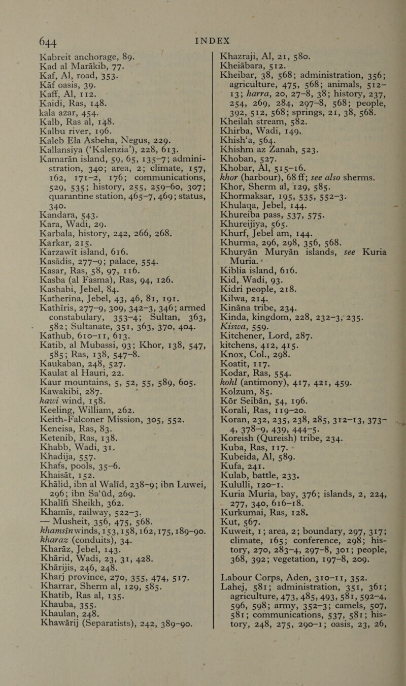 Kabreit anchorage, 89. Kad al Marakib, 77. Kaf, Al, road, 353. Kaf oasis, 39. Kaff, Al, 112. Kaidi, Ras, 148. kala azar, 454. Kalb, Ras al, 148. Kalbu river, 196. Kaleb Ela Asbeha, Negus, 229. Kallansiya (‘Kalenzia’), 228, 613. Kamar§an island, 59, 65, 135-7; admini- stration, 340; area, 2; climate, 157, 162, 171-2, 176; communications, 529, 5353 history, 255, 259-60, 307; quarantine station, 465-7, 469; status, 340. Kandara, 543. Kara, Wadi, 29. Karbala, history, 242, 266, 268. Karkar, 215. Karzawit island, 616. Kasadis, 277-9; palace, 554. Kasar, Ras, 58, 97, 116. Kasba (al Fasma), Ras, 94, 126. Kashabi, Jebel, 84. Katherina, Jebel, 43, 46, 81, 191. Kathiris, 277-9, 309, 342-3, 346; armed constabulary, 353-4; Sultan, 363, - 582; Sultanate, 351, 363, 370, 404. Kathub, 610-11, 613. Katib, al Mubassi, 93; Khor, 138, 547, 585; Ras, 138, 547-8. . Kaukaban, 248, 527. Kaulat al Hauri, 22. Kaur mountains, 5, 52 55; 589, 605. Kawakibi, 287. Raut wind, 158. Keeling, William, 262. Keith-Falconer Mission, 305, 552. Keneisa, Ras, 83. Ketenib, Ras, 138. Khabb, Wadi, 31. Khadija, 557. Khafs, pools, 35-6. Khaisat, 152. Khalid, ‘ibn al Walid, 238-9; ibn Luwei, 296; ‘ibn Sa‘ ad, 269. Khalifi Sheikh, 362. Khamis, railway, 522-3. — Musheit, 356, 475, 568. khamsinwinds, 153,158, 162,175, 189-90. kharaz (conduits), 34. Kharaz, Jebel, 143. Kharid, Wadi, 23, 31, 428. Khirijis, 246, 248. Kharj province, 270, 355, 474, 517. Kharrar, Sherm al, 129, 585. Khatib, Ras ao na's3 Khauba, g55: Khaulan, 248. Khawarij (Separatists), 242, 389-90. Khazraji, Al, 21, 580. Kheiabara, 512. Kheibar, 38, 568; administration, 356; agriculture, 475, 568; animals, 512- 13; harra, 20, 27-8, 38; history, 237, 254, 269, 284, 297-8, 568; people, 392, 512, 568; springs, 21, 38, 568. Kheilah stream, 582. Khirba, Wadi, 149, Khish‘a, 564. Khishm az Zanah, 523. Khoban, 527. Khobar, Al, 515-16. khor (harbour), 68 ff; see also sherms. Khor, Sherm al, 129, 585. Khormaksar, 195, 535, 552-3- Khulaqa, Jebel, 144. = Khureiba pass, 537, 575. Khureijiya, 565. Khurf, Jebel am, 144. Khurma, 296, 298, 356, 568. Khuryan Muryan islands, see Kuria Muria. * Kiblia island, 616. Kid, Wadi, 93. Kidri people, 218. 4 Kilwa, 214. Kinana tribe, 234. Kinda, kingdom, 228, 232-3, 235. Kiswa, 559. Kitchener, Lord, 287. kitchens, 412, 415. Knox, Col., 298. Koatit, 117. Kodar, Ras, 554. kohl (antimony), 417, 421, 459. Kolzum, 85. KG6r Seiban, 54, 196. Korali, Ras, 119-20. Koran, 232, 235, 238, 285, 312-13, 373- 4, 378-9, 439, 444-5. Koreish (Qureish) tribe, 234. Kuba, Ras, 117. Kubeida, Al, 589. Kufa, 241. Kulab, battle, 233. Kululli, 120-1. Kuria Muria, bay, 376; islands, 2, 224, 277, 340, 616-18. Kurkumai, Ras, 128. Kut, 567. Kuweit, 1; area, 2; boundary, 297, 317; climate, 165; conference, 298; his- tory, 270, 283-4, 297-8, 301; people, 368, 392; vegetation, 197-8, 209. Labour Corps, Aden, 310-11, 352. Lahej, 581; administration, 351, 361; agriculture, 473, 485, 493, 581, 592-4, 596, 598; army, 352-3; camels, 507, 581; communications, 537, 581; his- tory, 248, 275, 290-1; oasis, 23, 26,