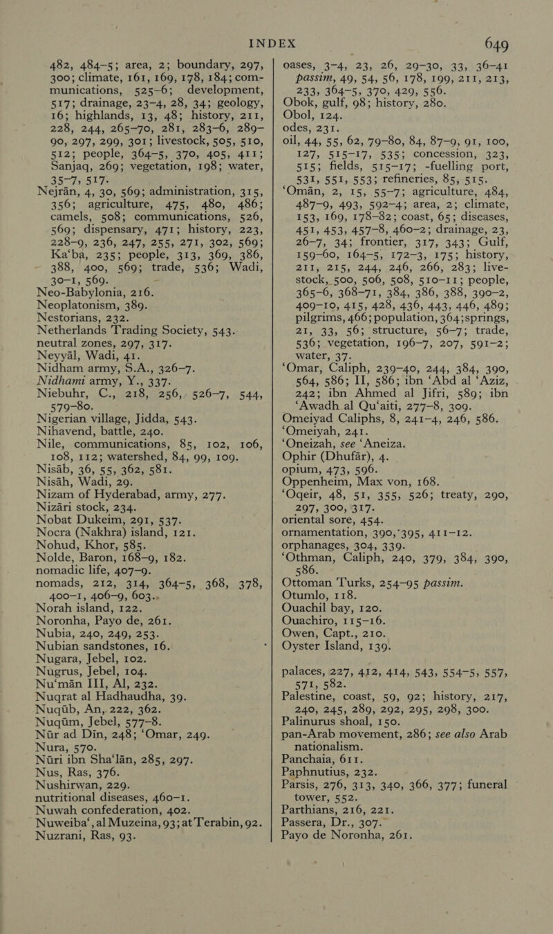 482, 484-5; area, 2; boundary, 297, 300; climate, 161, 169, 178, 184; com- munications, 525-6; development, 517; drainage, 23-4, 28, 34; geology, 16; highlands, 13, 48; history, 211, 228, 244, 265-70, 281, 283-6, 289- 90, 297, 299, 301; livestock, 505, 510, 512; people, 364-5, 370, 405, 411; Sanjaq, 269; vegetation, 198; water, 35-7, 517. Nejran, 4, 30, 569; administration, 315, 356; agriculture, 475, 480, 486; camels, 508; communications, 526, 569; dispensary, 471; history, 223, 228-9, 236, 247, 255, 271, 302, 569; Ka‘ba, 235; people, 313, 369, 386, 388, 400, 569; trade, 536; Wadi, 30-1, 569. ; Neo-Babylonia, 216. Neoplatonism, 389. Nestorians, 232. Netherlands Trading Society, 543. neutral zones, 297, 317. Neyyal, Wadi, 41. Nidham army, S.A., 326-7. Nidhami army, Y., 337. Niebuhr, C., 218,° 256,- 526-7, 544, 579-80. Nigerian village, Jidda, 543. Nihavend, battle, 240. Nile, communications, 85, 102, 108, 112; watershed, 84, 99, 109. Nisab, 36, 55, 362, 581. Nisah, Wadi, 29. Nizam of Hyderabad, army, 277. Nizari stock, 234. Nobat Dukeim, 291, 537. Nocra (Nakhra) island, 121. Nohud, Khor, 585. Nolde, Baron, 168-9, 182. nomadic life, 407-9. nomads, 212, 314, 364-5, 368, 378, 400-1, 406-9, 603.. Norah island, 122. Noronha, Payo de, 261. Nubia, 240, 249, 253. Nubian sandstones, 16. Nugara, Jebel, 102. Nugrus, Jebel, 104. Nu‘man III, Al, 232. Nugrat al Hadhaudha, 39. Nugib, An, 222, 362. Nuqim, Jebel, 577-8. Nar ad Din, 248; ‘Omar, 249. Nura, 570. Nari ibn Sha‘lan, 285, 297. Nus, Ras, 376. Nushirwan, 229. nutritional diseases, 460-1. Nuwah confederation, 402. Nuweiba‘, al Muzeina, 93; at Terabin, 92. Nuzrani, Ras, 93. 106, 649 oases, 3-4, 23, 26, 29-30, 33, 36-41 passim, 49, 54, 56, 178, 199, 211, 213, 233, 364-5, 370, 429, 556. Obok, gulf, 98; history, 280. Obol, 124. odes, 231. oil, 44, 55; 62, 79-80, 84, 87-9, OI, 100, 127, 515-17, 535; concession, 323, 515; fields, 515-17; -fuelling port, 531, 551, 5533 refineries, 85, 515. ‘Oman, 2, 15, 55-7; agriculture, 484, 487-9, 493, 592-4; area, 2; climate, 153, 169, 178-82; coast, 65; diseases, 451, 453, 457-8, 460-2; drainage, 23, 26-7, 343 frontier, 317, 343; Gulf, 159-60, 164-5, 172-3, 1753 history, 2II, 215, 244, 246, 266, 283; live- stock, 500, 506, 508, 510-11; people, 365-6, 368-71, 384, 386, 388, 390-2, 409-10, 415, 428, 436, 443, 446, 489; pilgrims, 466; population, 364;springs, 21, 33, 56; structure, 56-7; trade, 536; vegetation, 196-7, 207, 591-2; water, 37. ‘Omar, Caliph, 239-40, 244, 384, 390, 564, 586; II, 586; ibn ‘Abd al ‘Aziz, . 242; ibn Ahmed al Jifri, 589; ibn ‘Awadh al Qu‘aiti, 277-8, 309. Omeiyad Caliphs, 8, 241-4, 246, 586. ‘Omeiyah, 241. ‘Oneizah, see ‘Aneiza. Ophir (Dhufar), 4 opium, 473, 596. Oppenheim, Max von, 168. ‘Ogeir, 48, 51, 355; 526; treaty, 290, 297, 300, 317. oriental sore, 454. ornamentation, 390,°395, 411-12. orphanages, 304, 339. | ‘Othman, Caliph, 240, 379, 384, 390, 586. Ottoman Turks, 254-95 passim. Otumlo, 118. Ouachil bay, 120. Ouachiro, 115-16. Owen, Capt., 210. Oyster Island, 139. palaces, 227, 412, 414, 543, 554-5, 557, 571, 582. Palestine, coast, 59, 92; history, 217, 240, 245, 289, 292, 295, 298, 300. Palinurus shoal, 150. pan-Arab movement, 286; see also Arab nationalism. Panchaia, 611. Paphnutius, 232. Parsis, 276, 313, 340, 366, 377; funeral tower, 552. Parthians, 216, 221. Passera, Dr., 307. Payo de Noronha, 261.