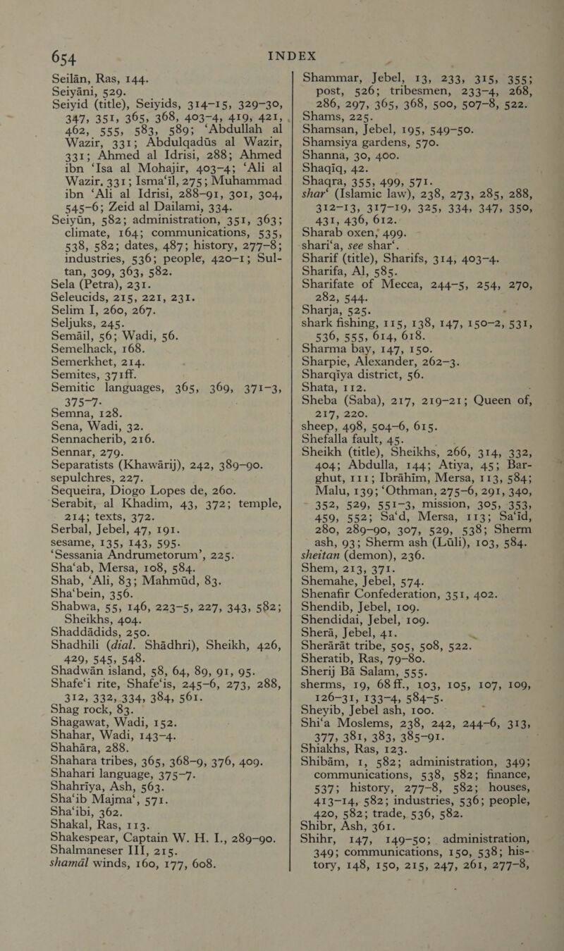 Seilan, Ras, 144. Seiyani, 529. Seiyid (title), Seiyids, 314-15, 329-30, 462, 555, 583, 589; ‘Abdullah al Wazir, 331; Abdulqadis al Wazir, 29%: Ahmed al Idrisi, 288; Ahmed ibn ‘Isa al Mohajir, 403-4; ‘Ali al Wazir. 331; Isma‘il, 275; Muhammad ibn ‘Ali al Idrisi, 288-91, 301, 304, 545-6; Zeid al Dailami, 334. Seiyiin, 582; administration, 351, 363; climate, 164; communications, 535, 538, 582; dates, 487; history, 277-8: industries, 536; people, 420-1; Sul- tan, 309, 363, 582. Sela (Petra), 231. Seleucids, 215, 221, 231. Selim I, 260, 267. Seljuks, 245. Semail, 56; Wadi, 56. Semelhack, 168. Semerkhet, 214. Semites, 371ff. Semitic languages, 375~7- Semna, 128. Sena, Wadi, 32. Sennacherib, 216. Sennar, 279. Separatists (Khawéarij), 242, 389-90. sepulchres, 227. Sequeira, Diogo Lopes de, 260. Serabit, al Khadim, 43, 372; 214; texts, 372. Serbal, Jebel, 47, 191. sesame, 135, 143, 595- ‘Sessania Andrumetorum’, 225. Sha‘ab, Mersa, 108, 584. Shab, ‘Ali, 83; Mahmid, 83. Sha‘bein, 356. Shabwa, 55, 146, 223-5, 227, 343, 582; Sheikhs, 404. Shaddadids, 250. Shadhili (dial. Shadhri), Sheikh, 426, 429, 545, 548. Shadwan island, 58, 64, 89, 91, 95. Shafe‘i rite, Shafe‘i is, 245-6, 273, 288, 312, 332,.334, 384, 561. Shag rock, 83. Shagawat, Wadi, 152. Shahar, Wadi, 143-4. Shahara, 288. Shahara tribes, 365, 368-9, 376, 409. Shahari language, 375-7. Shahriya, Ash, 563. Sha‘ib Majma‘, 571. Sha‘ibi, 362. Shakal, Ras, 113. Shakespear, Captain W. H. I., 289-90. Shalmaneser Ill ake: shamal winds, 160, 177, 608. 365 41364,5 3713-3, temple, a Shammar, Jebel, 13, 233, 315, 355; post, 526; tribesmen, 233-4, 268, 286, 297, 365, 368, 500, 507-8, 522. Shams, 225. Shamsan, Jebel, 195, 549-50. Shamsiya gardens, 570. Shanna, 30, 400. Shaqiq, 423 Shaqra, 355, 499, 571. shar‘ (Islamic law), 238, 273, 285, 288, 312-13, 319-19, 325, 334) 347s19509 431, 436, 612 Sharab oxen; 499. shari‘a, see shar‘. . Sharif (title), Sharifs, 314, 403-4. Sharifa, Al, 585. Sharifate of Mecca, 244-5, 254, 270, 282, 544. Sharja, 525. shark fishing, 115, 138, 147, 150-2, “831, 536, 555, 614, 618. Rca bay, 147, 150. Sharpie, Alexander, 262-3. Sharqiya district, 56. Shata, 112. Sheba (Saba), 217, 219-21; Queen of, $347 +2205 sheep, 498, 504-6, 615. Shefalla fault, 45. Sheikh (title), Sheikhs, 266, Ri 4vearae 404; Abdulla, 144; ’Atiya, 45; Bar- ghut, 111; Ibrahim, Mersa, 113, 584; Malu, 139; ‘Othman, 275-6, 291, 340, ~ 352, 529, 551-3, mission, 395, 353; 459, 552; Sad, Mersa, 113; Said, 280, 289-90, 307, 529, 538; Sherm ash, 93; Sherm ash (Lili), 103, 584. sheitan (demon), 236. Shem,.213,:371- Shemahe, Jebel, 574. Shenafir Confederation, 351, 402. Shendib, Jebel, 109. Shendidai, Jebel, 109. Shera, Jebel, 4I. Sherarat tribe, 505, 508, 522. Sheratib, Ras, 79-80. Sherij Ba Salam, 555: sherms, 19, 68ff., 103, 105, 107, 109, 126-31, 133-4, 584-5. Sheyib, Jebel ash, 100. ~ Shi‘a Moslems, 238, 242, 377, 381, 383, 385-91. Shiakhs, Ras, 123. Shibam, 1, 582; administration, 349; communications, 538, 582; finance, 537; history, 277-8, 582; houses, 413-14, 582; industries, 536; people, 420, 582; trade, 536, 582. Shibr, Ash, 361. Shihr, 147, 149-50; administration, 349; Communications, 150, 538; his-- tory, 148, 150, 215, 247, 261, 277-8, 244-6, 313,