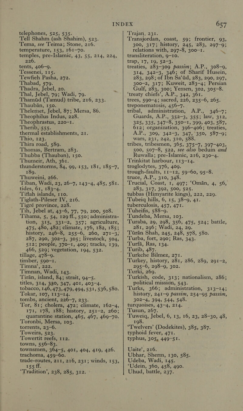 Tell Shahm (ash Shahim), 523. Tema, see Teima; Stone, 216. temperature, 153, 161-70. temples, pre-Islamic, 43, 55, 214, 224, 226. tents, 406-9. Tessenei, 115. ‘Tewfieh Pasha, 272. Thabad, 579. Thadra, Jebel, 20. Thal, Jebel, 79; Wadi, 79. Thamid (Tamud) tribe, 216, 233. ‘Thauban, 150. Thelemet, Jebel, 87; Mersa, 86. ‘Theophilus Indus, 228. Theophrastus, 220-1. Therib, 555. thermal establishments, 21. Thio, 123. Thira road, 589. Thomas, Bertram, 283. Thubba (Thauban), 150. Thumeir, Ath, 361. ° thunderstorms, 84, 99,153, 181, 185-7, 189. Thuweini, 266. Tiban, Wadi, 23, 26-7, 143-4, 485, 581. tides, 61, 183-4. 'Tiflah islands, 110. Tiglath-Pileser IV, 216. Tigré province, 228. Tih, Jebel at, 43-6, 77, 79, 200, 508. ‘Tihama, 5, 54, 129 ff., 550; administra- tion, 315, 331-2, 357; agriculture, 475, 480, 482; climate, 176, 182, 185; history, 246-8, 255-6, 260, 271-3, 287, 290, 302-3, 305; livestock, 504, 512; people, 370-1, 409; tracks, 139, 466, 529; vegetation, 194, 532. tillage, 478-9. timber, 590-1. Timna‘, 222. Timnan, Wadi, 143. ‘Tiran, island, 84; strait, 94-5. titles, 314, 330, 347, 401, 403-4. tobacco, 146, 473, 479, 494, 531, 536, 580. Tokar, 107, 113-14. tombs, ancient, 226-7, 233. Tor, 81; cholera, 472; climate, 162-4, 171, 178, 188; history, 251-2, 260; quarantine station, 465, 467, 469-70. Toronbi, Mersa, 103. torrents, 23-6. Toweira, 523. ‘Towertit reefs, 112. towns, 556-83. townsmen, 364-5, 401, 404, 419, 426. trachoma, 459-60. trade-routes, 211, 216, 231; winds, 153, 155 ff. “Tradition’, 238, 285, 312. 657 Transjordan, coast, 59; frontier, 93, 300, 317; history, 245, 283, 297-9; relations with, 297-8, 300-1. transliteration, 9-10. trap, 17, 19, 52-3. treaties, 283-309 passim; A.P., 308-9, 314, 342-3, 346; of Sharif Husein, 283, 298; of Ibn Sa‘id, 283, 290, 297, 300-2, 317; Kuweit, 283-4; Persian Gulf, 283, 300; Yemen, 302, 305-8. ‘treaty chiefs’, A.P., 342, 361. trees, 590-4; sacred, 226, 235-6, 265. treponematosis, 456-7. tribal, administration, A.P., 346-7; Guards, A.P., 352-3,. 355; law, 312, 325, 335, 347- -8, 350-1, 399, 403, 587, 612; organization, 396-406; treaties, A.P., 309, 342-3, 347,350, 587-9; wars, 231, 242, 310, 588. tribes, tribesmen, 365, 375-7, 397-403, 500, 507-8, 522, see also beduin and Ruwalla; pre-Islamic, 216, 230-4. Trinkitat harbour, 113-14. troglodytes, 376, 409. trough-faults, 11-12, 59-60, 95-8. truce, A.P., 310, 348. Trucial, Coast, 1, 497; ‘Oman, 4, 56, 283, 317, 392, 500, 525. tubbas (Himyarite kings), 222, 229. Tubeiq hills, 6, 15, 38-9, 41. tuberculosis, 457, 471. Tuheifis, 588-9. Tundeba, Mersa, 103. Turaba, 29, 298, 356, 475, 524; battle, 281, 296; Wadi, 24, 29. Taran Shah, 245, 248, 578, 580. Turba, fort, 290; Ras, 343. Turfa, Ras, 134. Turib, 487. Turkche Bilmez, 271. Turkey, history, 281, 286, 289, 291-2, 295-6, 298-9, 302. Turki, 269. Turkish, code, 313; nationalism, 286; political mission, 543. Turks, 366; administration, 313-14; history, 241-9 passim, 254-95 passim, 302-4, 394, 544, 548. turquoises, 43-4, 214. ‘Tusun, 267. ‘Tuweiq, Jebel, 6, 13, 16, 23; 28-30, 48, ~ 198. “Twelvers’ (Dodekites), 385, 387. typhoid fever, 471. typhus, 305, 449-51. Uaite‘, 216. Ubhar, Sherm, 130, 585. Udeba, Wadi, 145. ‘Udein, 360, 458, 490. Uhud, battle, 237.