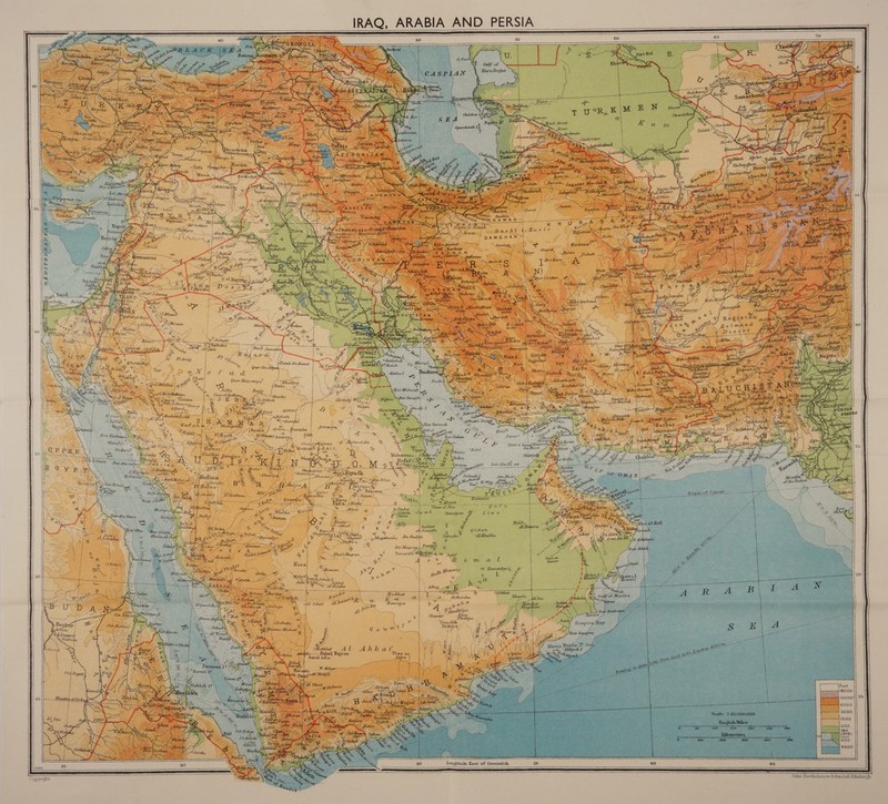                  ftus et  eas    me | as: , ks Sukhne *| : ae a 79 os Cr fants ae Ra  ) +; Mazil Jumaima Ze Way ara! } gee, &amp; Qasr ili wad Qasr Haiyaniya®   \y fneuy ters 7 Suelo OD Some 7)! : / e/      % = Setr Abu Nu air Wakra—qihBv  @ Lad Zi Wom “S SS fonuse i Dhariyay— | _DPhurma  Ay Kb Miabar fi PRPs: Siddat ad Farsha. = on £ Daldmah: a: ry Musheert® 2 Yas ars Trowairifa AL A | Gibaskat &amp; ° “Satie Tr = Rk OTe at arig) fad Le 2   q Pi oldd Selail      ‘pumila | AL AW  a Al Harsha ~ Ik @ 4 pore Sharaya* “VrugAdh Dhahiiy xr, é  a % emery ie BS fe - Longitude East of Greenwich  Scale 1:10,000,000 English Mil 100 150 200                   John Bartholomew &amp; Son.Ltd.Edinburgh