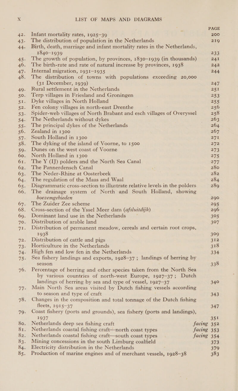 Infant mortality rates, 1925-39 The distribution of population in the Netherlands Birth, death, marriage and infant mortality rates in the Netherlands, 1840-1939 The growth of population, by provinces, 1830-1939 (in thousands) The birth-rate and rate of natural increase by provinces, 1938 Internal migration, 1931-1935 The distribution of towns with populations exceeding 20,000 (31 December, 1939) Rural settlement in the Netherlands Terp villages in Friesland and Groningen Dyke villages in North Holland Fen colony villages in north-east Drenthe Spider-web villages of North Brabant and esch villages of Overyssel The Netherlands without dykes The principal dykes of the Netherlands Zealand in 1300 South Holland in 1300 The dyking of the island of Voorne, to 1500 Dunes on the west coast of Voorne North Holland in 1300 The Y (IJ) polders and the North Sea Canal The Pannerdensch Canal The Neder-Rhine at Oosterbeek The regulation of the Maas and Waal Diagrammatic cross-section to illustrate relative levels in the polders The drainage system of North and South Holland, showing boezemgebieden The Zuider Zee scheme Cross-section of the Yssel Meer dam (afs/uitdik) Dominant land use in the Netherlands Distribution of arable land Distribution of permanent meadow, cereals and certain root crops, 1938 Distribution of cattle and pigs Horticulture in the Netherlands High fen and low fen in the Netherlands Sea fishery landings and exports, 1928-37 ; landings of herring by season Percentage of herring and other species taken from the North Sea by various countries of north-west Europe, 1927-37; Dutch landings of herring by sea and type of vessel, 1927-37 Main North Sea areas visited by Dutch fishing vessels according to season and type of craft Changes in the composition and total tonnage of the Dutch fishing fleets, 1915-37 Coast fishery (ports and grounds), sea fishery (ports and landings), 1937 Netherlands deep sea fishing craft facing Netherlands coastal fishing craft—north coast types facing Netherlands coastal fishing craft—south coast types facing Mining concessions in the south Limburg coalfield Electricity distribution in the Netherlands ; Production of marine engines and of merchant vessels, 1928-38 PAGE 200 219 233 241 242 244 247 251 253 255 256 258 263 264 267 a71 272 273 275 277 280 282 284 289 290 295 296 395 307 309 312 318 334 338 340 343 347 351 352 353 354 373 379 383