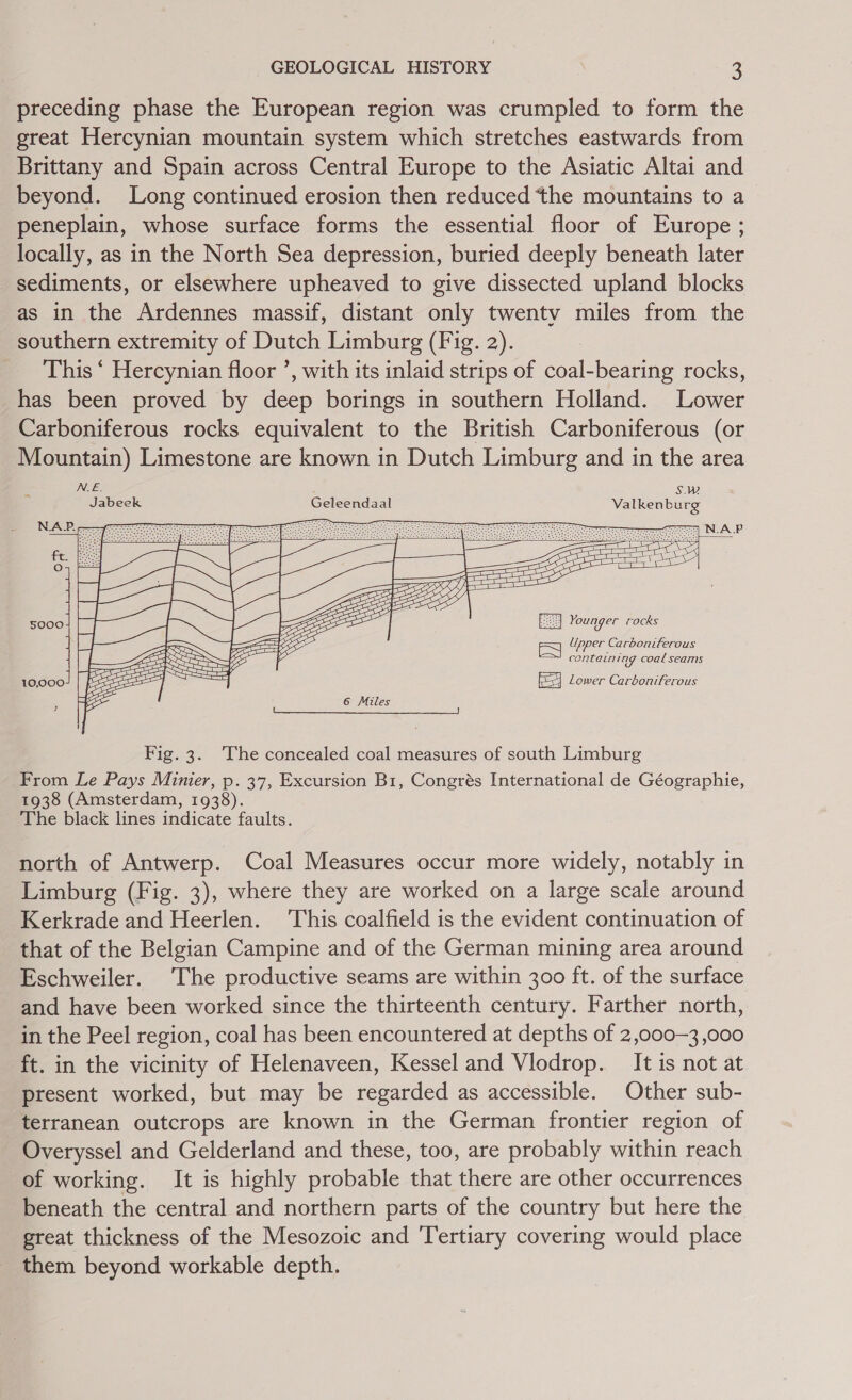preceding phase the European region was crumpled to form the great Hercynian mountain system which stretches eastwards from Brittany and Spain across Central Europe to the Asiatic Altai and beyond. Long continued erosion then reduced the mountains to a peneplain, whose surface forms the essential floor of Europe ; locally, as in the North Sea depression, buried deeply beneath later sediments, or elsewhere upheaved to give dissected upland blocks as in the Ardennes massif, distant only twentv miles from the southern extremity of Dutch Limburg (Fig. 2). This ‘ Hercynian floor ’, with its inlaid strips of coal-bearing rocks, has been proved by deep borings in southern Holland. Lower Carboniferous rocks equivalent to the British Carboniferous (or Mountain) Limestone are known in Dutch Limburg and in the area NIE. S.W Jabeek Geleendaal Valkenburg NAP. ——y ee Ieee Gey, = 3 BSoos Oy, Zee ESS ESS           N.AP   oP   Ses = Younger cocks = Upper Carboniferous contain ing coal seams 5000   x Ee EEE Ze = Se Hh 10,000 Lower Carboniferous  6 Miles  Fig. 3. ‘The concealed coal measures of south Limburg From Le Pays Minier, p. 37, Excursion B1, Congrés International de Géographie, 1938 (Amsterdam, 1938). The black lines indicate faults. north of Antwerp. Coal Measures occur more widely, notably in Limburg (Fig. 3), where they are worked on a large scale around Kerkrade and Heerlen. ‘This coalfield is the evident continuation of that of the Belgian Campine and of the German mining area around Eschweiler. The productive seams are within 300 ft. of the surface and have been worked since the thirteenth century. Farther north, in the Peel region, coal has been encountered at depths of 2,000—3,000 ft. in the vicinity of Helenaveen, Kessel and Vlodrop. It is not at present worked, but may be regarded as accessible. Other sub- terranean outcrops are known in the German frontier region of Overyssel and Gelderland and these, too, are probably within reach of working. It is highly probable that there are other occurrences beneath the central and northern parts of the country but here the great thickness of the Mesozoic and Tertiary covering would place them beyond workable depth.