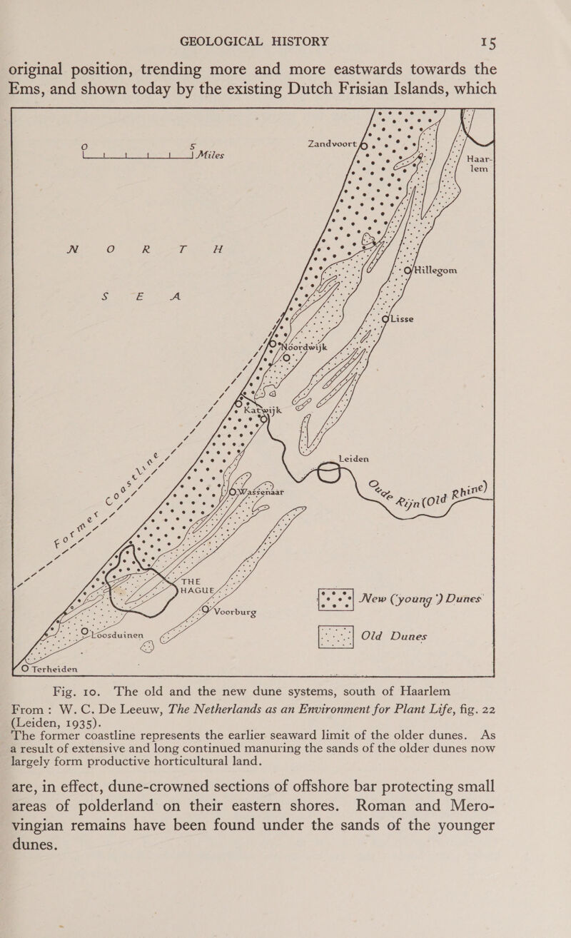 original position, trending more and more eastwards towards the Ems, and shown today by the existing Dutch Frisian Islands, which  eoeeoeee®e @ ee %® © @ oO iS [ee ae ae A ales Leiden O Tetheiden erie eae Fig. 10. The old and the new dune systems, south of Haarlem From: W. C. De Leeuw, The Netherlands as an Environment for Plant Life, fig. 22 (Leiden, 1935). The former coastline represents the earlier seaward limit of the older dunes. As a result of extensive and long continued manuring the sands of the older dunes now largely form productive horticultural land. are, in effect, dune-crowned sections of offshore bar protecting small areas of polderland on their eastern shores. Roman and Mero- vingian remains have been found under the sands of the younger dunes.