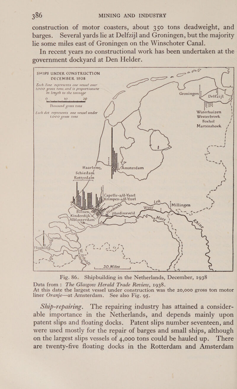 construction of motor coasters, about 350 tons deadweight, and barges. Several yards lie at Delfzijl and Groningen, but the majority lie some miles east of Groningen on the Winschoter Canal. In recent years no constructional work has been undertaken at the government dockyard at Den Helder. tir SHIPS UNDER CONSTRUCTION ar DECEMBER 1938 Ga Each.line represents one vessel over irae L000 gross tons,and ts proportionate in length to the tonnage ie Groningen :: oO 10 20       borisreceeciomboenmis ff “ Thousand gross tons 322 3° 3 : . i Each dot represents one vessel under Waterhuizen i 1.000 gross tons Westerbroek ! i Foxhol i Martenshoek / / ! ! ! ' Fmd { is ce ’ Se - a = ‘. pest Ciae, Amsterdam ; ‘ : ; Schiedam é Rotterdam . 7 a! : u : iy _ 4:Capelle-a/d-Yssel e, };Krimpen-a/d-Yssel Lek Ss 3 : ¥ UV 0 :Milli . iW. x ?Millingen ; M.. : ioe : ee &amp; ons a aS x ele - re :Hardinxveld Saree cS a Null “My G3 Kinderdije @ Alblasserdam ss a &lt; Flushing i Suey cai i = as a, a SY re   Fig. 86. Shipbuilding in the Netherlands, December, 1938 Data from: The Glasgow Herald Trade Review, 1938. At this date the largest vessel under construction was the 20,000 gross ton motor liner Oranje—at Amsterdam. See also Fig. 95. Ship-repatring. ‘The repairing industry has attained a consider- able importance in the Netherlands, and depends mainly upon patent slips and floating docks. Patent slips number seventeen, and were used mostly for the repair of barges and small ships, although on the largest slips vessels of 4,000 tons could be hauled up. There are twenty-five floating docks in the Rotterdam and Amsterdam