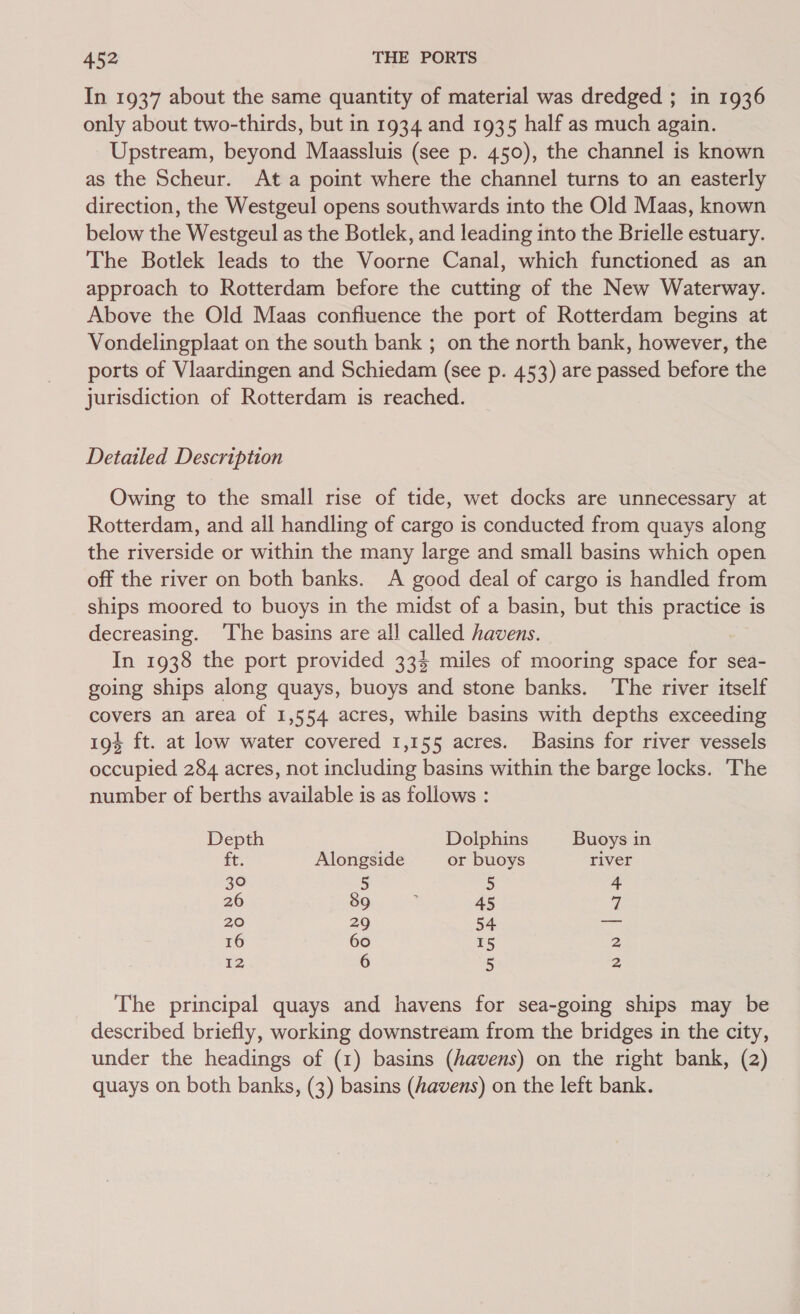 In 1937 about the same quantity of material was dredged ; in 1936 only about two-thirds, but in 1934 and 1935 half as much again. Upstream, beyond Maassluis (see p. 450), the channel is known as the Scheur. At a point where the channel turns to an easterly direction, the Westgeul opens southwards into the Old Maas, known below the Westgeul as the Botlek, and leading into the Brielle estuary. The Botlek leads to the Voorne Canal, which functioned as an approach to Rotterdam before the cutting of the New Waterway. Above the Old Maas confluence the port of Rotterdam begins at Vondelingplaat on the south bank ; on the north bank, however, the ports of Vlaardingen and Schiedam (see p. 453) are passed before the jurisdiction of Rotterdam is reached. Detailed Description Owing to the small rise of tide, wet docks are unnecessary at Rotterdam, and all handling of cargo is conducted from quays along the riverside or within the many large and small basins which open off the river on both banks. A good deal of cargo is handled from ships moored to buoys in the midst of a basin, but this practice is decreasing. ‘The basins are all called havens. In 1938 the port provided 334 miles of mooring space for sea- going ships along quays, buoys and stone banks. The river itself covers an area of 1,554 acres, while basins with depths exceeding 19% ft. at low water covered 1,155 acres. Basins for river vessels occupied 284 acres, not including basins within the barge locks. The number of berths available is as follows : Depth Dolphins Buoys in ft. Alongside or buoys river 30 5 5 + 26 89 45 7 20 29 54 a 16 60 15 2 i2 6 5 2 The principal quays and havens for sea-going ships may be described briefly, working downstream from the bridges in the city, under the headings of (1) basins (havens) on the right bank, (2) quays on both banks, (3) basins (havens) on the left bank.