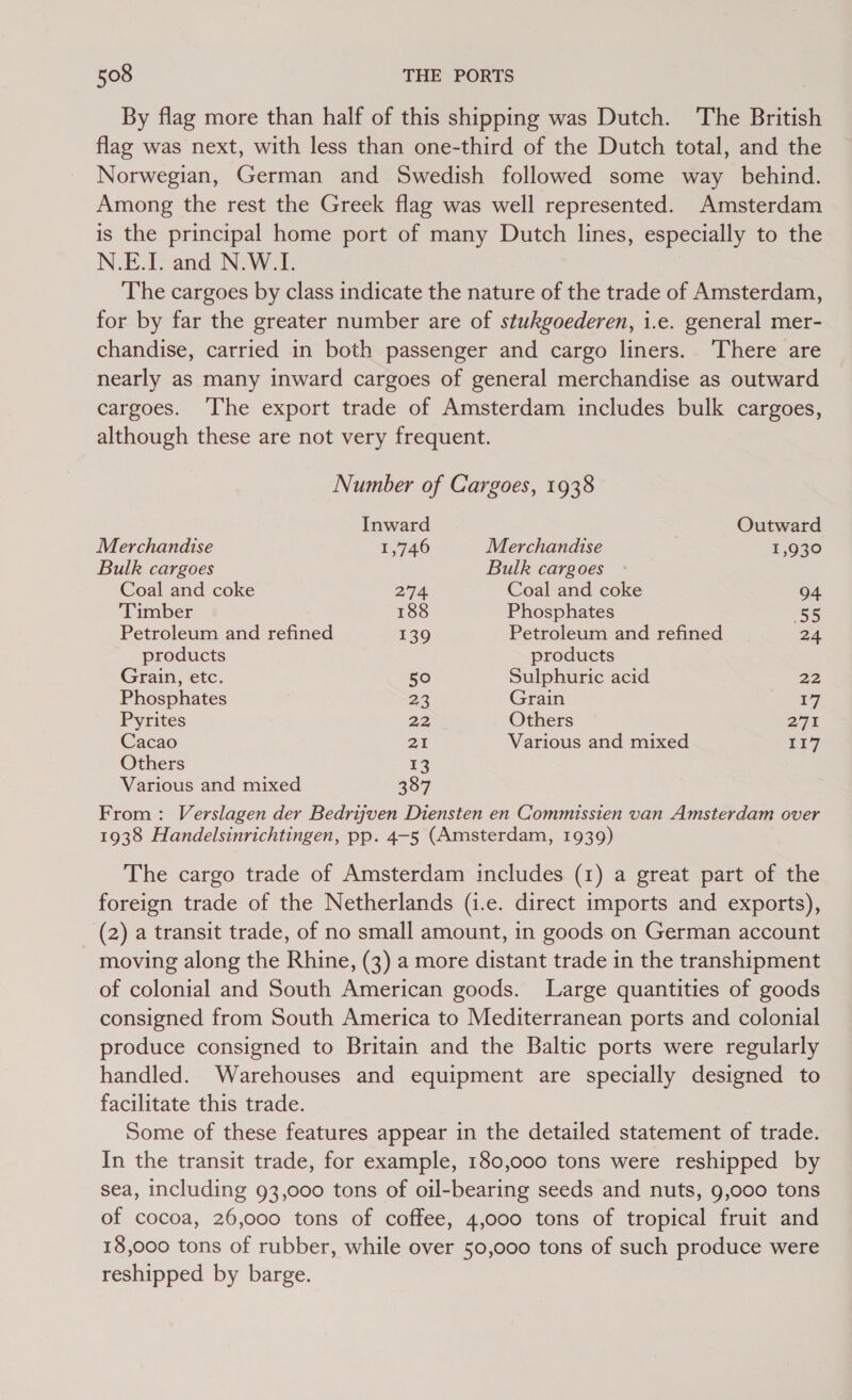 By flag more than half of this shipping was Dutch. The British flag was next, with less than one-third of the Dutch total, and the Norwegian, German and Swedish followed some way behind. Among the rest the Greek flag was well represented. Amsterdam is the principal home port of many Dutch lines, especially to the N.E.I. and N.W.I. The cargoes by class indicate the nature of the trade of Amsterdam, for by far the greater number are of stukgoederen, i.e. general mer- chandise, carried in both passenger and cargo liners. ‘There are nearly as many inward cargoes of general merchandise as outward cargoes. ‘The export trade of Amsterdam includes bulk cargoes, although these are not very frequent. Number of Cargoes, 1938 Inward Outward Merchandise 1,746 Merchandise . 1,930 Bulk cargoes Bulk cargoes Coal and coke 274 Coal and coke 94 Timber 188 Phosphates 55 Petroleum and refined 139 Petroleum and refined 24 products products Grain, etc. 50 Sulphuric acid 22 Phosphates 23 Grain ry Pyrites 22 Others 276 Cacao 21 Various and mixed 117 Others 13 Various and mixed 387 From: Verslagen der Bedrijven Diensten en Commissien van Amsterdam over 1938 Handelsinrichtingen, pp. 4-5 (Amsterdam, 1939) The cargo trade of Amsterdam includes (1) a great part of the foreign trade of the Netherlands (i.e. direct imports and exports), (2) a transit trade, of no small amount, in goods on German account - moving along the Rhine, (3) a more distant trade in the transhipment of colonial and South American goods. Large quantities of goods consigned from South America to Mediterranean ports and colonial produce consigned to Britain and the Baltic ports were regularly handled. Warehouses and equipment are specially designed to facilitate this trade. Some of these features appear in the detailed statement of trade. In the transit trade, for example, 180,000 tons were reshipped by sea, including 93,000 tons of oil-bearing seeds and nuts, 9,000 tons of cocoa, 26,000 tons of coffee, 4,000 tons of tropical fruit and 18,000 tons of rubber, while over 50,000 tons of such produce were reshipped by barge.
