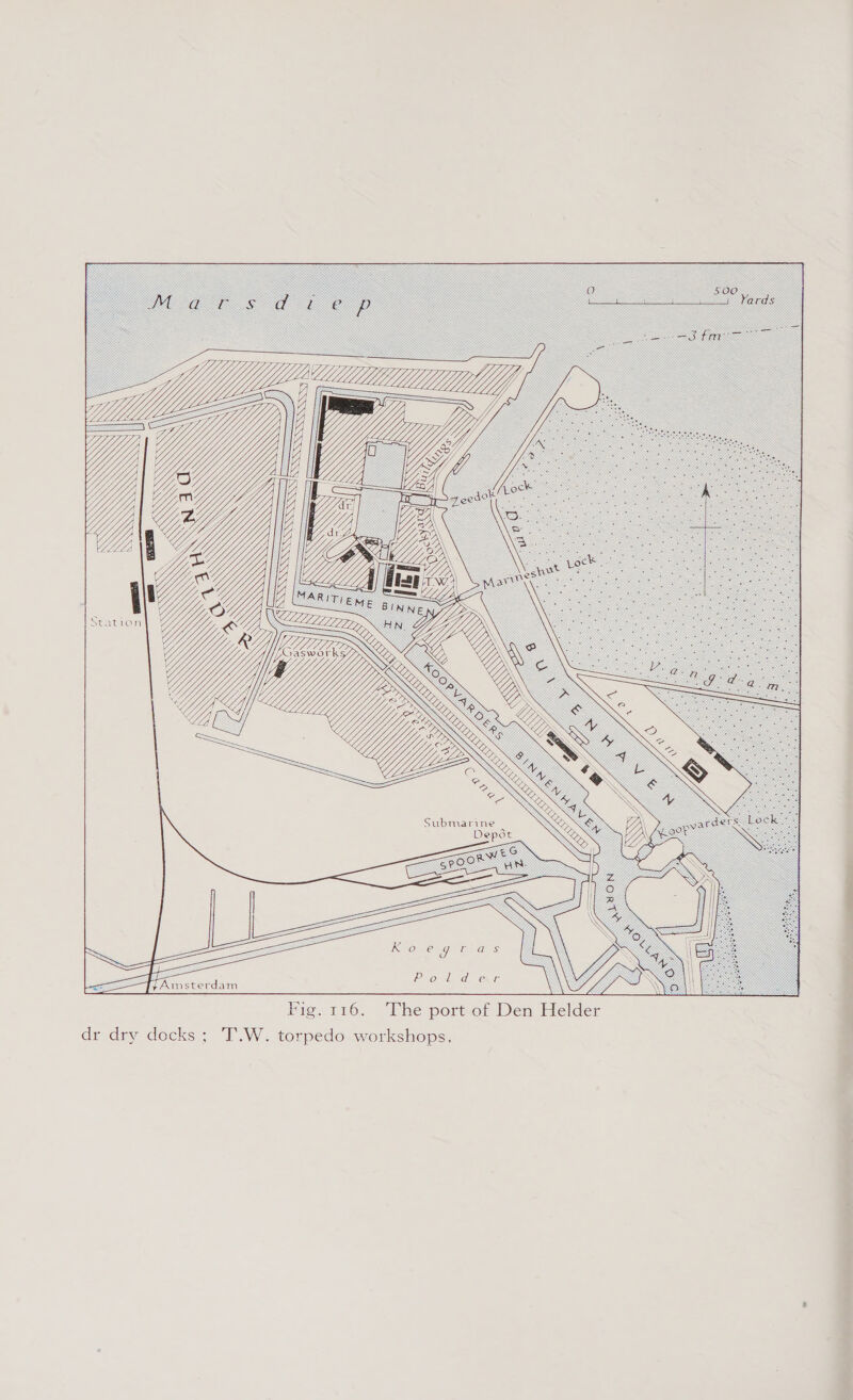 YY YG: 7 Yj Y Yj, , = Yj &lt; es ; YY .  Fig. 116. ‘The port of Den Helder dr dry docks ; 'T.W. torpedo workshops.