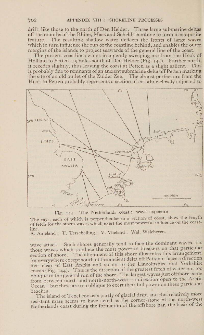 drift, like those to the north of Den Helder. Three large submarine deitas off the mouths of the Rhine, Maas and Scheldt combine to form a composite feature. The resulting shallow water deflects the fronts of large waves which in turn influence the run of the coastline behind, and enables the outer margins of the islands to project seawards of the general line of the coast. The present coastline swings in a gently sweeping arc from the Hook of Holland to Petten, 15 miles south of Den Helder (Fig. 144). Farther north it recedes slightly, thus leaving the coast at Petten as a slight salient. This 1S probably due to remnants of an ancient submarine delta off Petten marking the site of an old outlet of the Zuider Zee. ‘The almost perfect arc from the Hook to Petten probably represents a section of coastline closely adjusted to      Petten ~ \Ysseimeer Zuider Zee)   Holland   i100 Miles    ce) AS At one KD ee aE. Fig. 144. The Netherlands coast: wave exposure The rays, each of which is perpendicular to a section of coast, show the length of fetch for the storm waves which exert the most powerful influence on the coast- line. A. Ameland; T. Terschelling ; V. Vlieland ; Wal. Walcheren. wave attack. Such shores generally tend to face the dominant waves, fie those waves which produce the most powerful breakers on that particular section of shore. The alignment of this shore illustrates this arrangement, for everywhere except south of the ancient delta off Petten it faces a direction just clear of East Anglia and so on to the Lincolnshire and Yorkshire coasts (Fig. 144). This is the direction of the greatest fetch of water not too oblique to the general run of the shore. ‘The largest waves just offshore come from between north and north-north-west—a direction open to the Arctic Ocean—but these are too oblique to exert their full power on these particular beaches. ; The island of Texel consists partly of glacial drift, and this relatively more resistant mass seems to have acted as the corner-stone of the north-west Netherlands coast during the formation of the offshore bar, the basis of the
