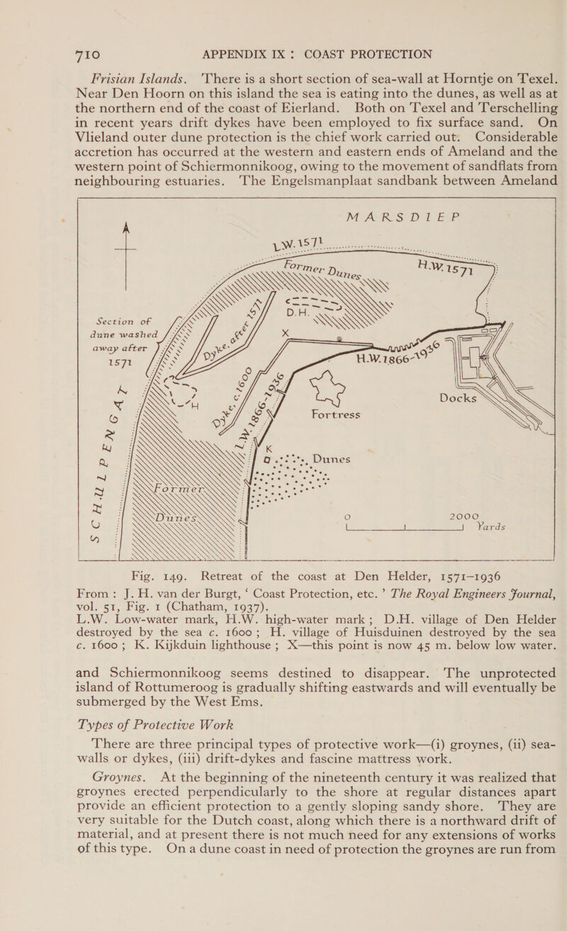 Frisian Islands. ‘There is a short section of sea-wall at Horntje on Texel. Near Den Hoorn on this island the sea is eating into the dunes, as well as at the northern end of the coast of Eierland. Both on Texel and Terschelling in recent years drift dykes have been employed to fix surface sand. On Vlieland outer dune protection is the chief work carried out. Considerable accretion has occurred at the western and eastern ends of Ameland and the western point of Schiermonnikoog, owing to the movement of sandflats from neighbouring estuaries. The Engelsmanplaat sandbank between Ameland     MEARS DT EP Section of   dune washed away atter Fig. 149. Retreat of the coast at Den Helder, 1571-1936 From: J. H. van der Burgt, ‘ Coast Protection, etc.’ The Royal Engineers Fournal, vol. 55, Niet a (Chatham, 1937). L.W. Low-water mark, H.W. high-water mark; D.H. village of Den Helder destroyed by the sea c. 1600; H. village of Huisduinen destroyed by the sea c. 1600; K. Kikduin lighthouse ; X—this point is now 45 m. below low water. and Schiermonnikoog seems destined to disappear. The unprotected island of Rottumeroog is gradually shifting eastwards and will eventually be submerged by the West Ems. Types of Protective Work There are three principal types of protective work—(i) groynes, (ii) sea- walls or dykes, (iii) drift-dykes and fascine mattress work. Groynes. At the beginning of the nineteenth century it was realized that groynes erected perpendicularly to the shore at regular distances apart provide an efficient protection to a gently sloping sandy shore. They are very suitable for the Dutch coast, along which there is a northward drift of material, and at present there is not much need for any extensions of works of this type. Ona dune coast in need of protection the groynes are run from