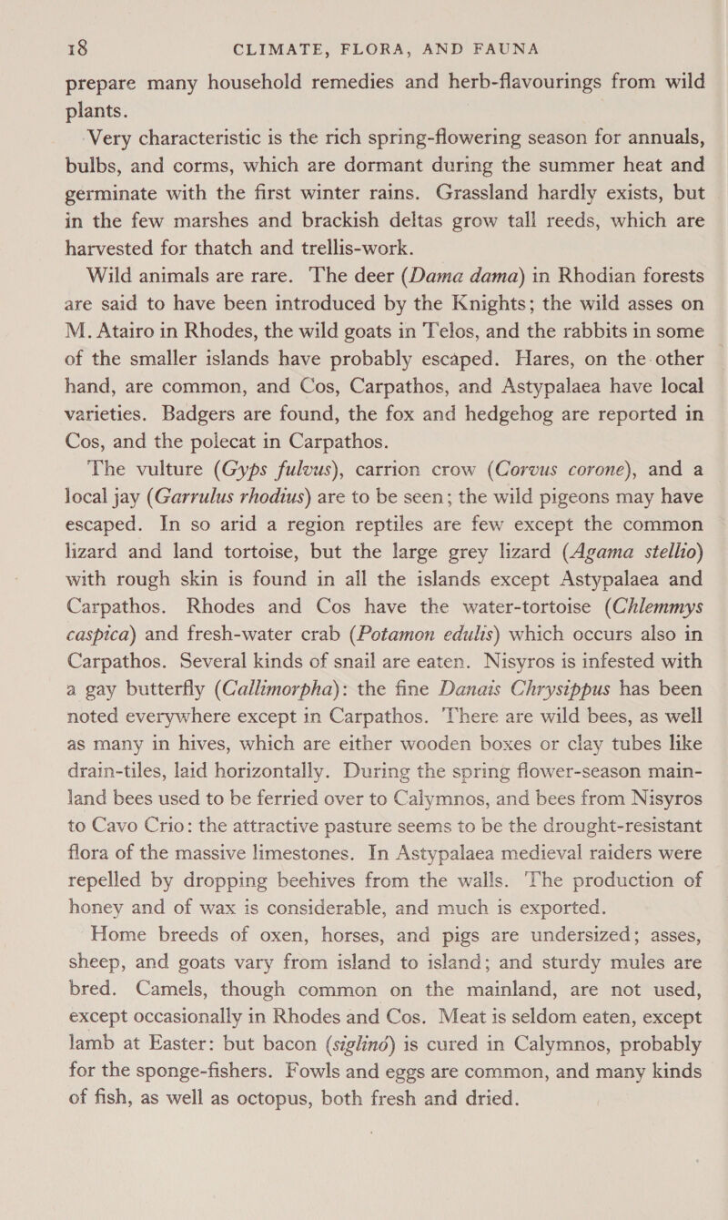 prepare many household remedies and herb-flavourings from wild plants. Very characteristic is the rich spring-flowering season for annuals, bulbs, and corms, which are dormant during the summer heat and germinate with the first winter rains. Grassland hardly exists, but in the few marshes and brackish deltas grow tall reeds, which are harvested for thatch and trellis-work. Wild animals are rare. The deer (Dama dama) in Rhodian forests are said to have been introduced by the Knights; the wild asses on M. Atairo in Rhodes, the wild goats in Telos, and the rabbits in some of the smaller islands have probably escaped. Hares, on the other — hand, are common, and Cos, Carpathos, and Astypalaea have local varieties. Badgers are found, the fox and hedgehog are reported in Cos, and the polecat in Carpathos. The vulture (Gyps fulvus), carrion crow (Corvus corone), and a — local jay (Garrulus rhodius) are to be seen; the wild pigeons may have escaped. In so arid a region reptiles are few except the common lizard and land tortoise, but the large grey lizard (Agama stellio) with rough skin is found in all the islands except Astypalaea and Carpathos. Rhodes and Cos have the water-tortoise (Chlemmys caspica) and fresh-water crab (Potamon edulis) which occurs also in Carpathos. Several kinds of snail are eaten. Nisyros is infested with a gay butterfly (Callimorpha): the fine Danais Chrysippus has been noted everywhere except in Carpathos. There are wild bees, as well as many in hives, which are either wooden boxes or clay tubes like drain-tiles, laid horizontally. During the spring flower-season main- land bees used to be ferried over to Calymnos, and bees from Nisyros to Cavo Crio: the attractive pasture seems to be the drought-resistant flora of the massive limestones. In Astypalaea medieval raiders were repelled by dropping beehives from the walls. The production of honey and of wax is considerable, and much is exported. Home breeds of oxen, horses, and pigs are undersized; asses, sheep, and goats vary from island to island; and sturdy mules are bred. Camels, though common on the mainland, are not used, except occasionally in Rhodes and Cos. Meat is seldom eaten, except Jamb at Easter: but bacon (siglind) is cured in Calymnos, probably for the sponge-fishers. Fowls and eggs are common, and many kinds of fish, as well as octopus, both fresh and dried.