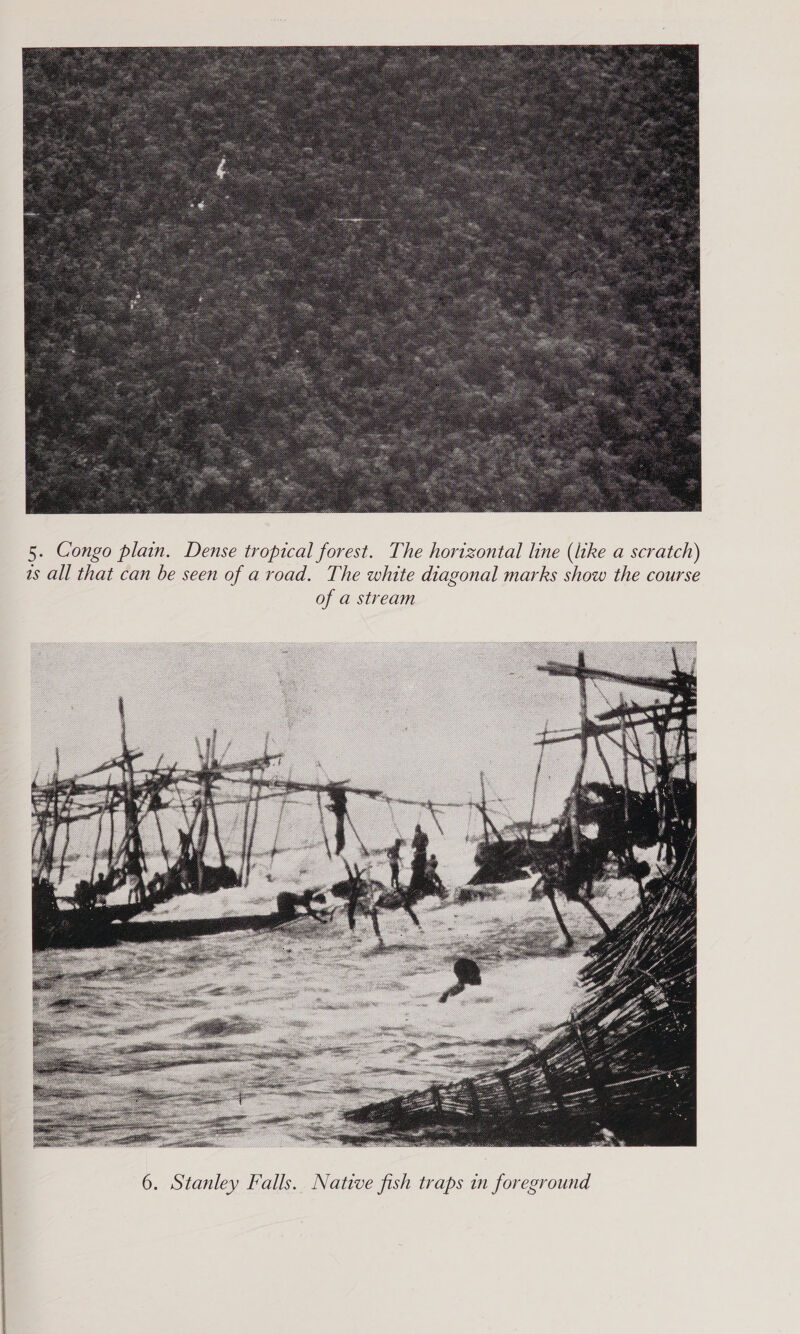  5. Congo plain. Dense tropical forest. The horizontal line (like a scratch) 1s all that can be seen of a road. The white diagonal marks show the course of a stream  6. Stanley Falls. Native fish traps in foreground