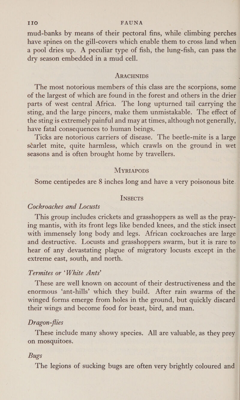 IIo FAUNA mud-banks by means of their pectoral fins, while climbing perches have spines on the gill-covers which enable them to cross land when a pool dries up. A peculiar type of fish, the lung-fish, can pass the dry season embedded in a mud cell. ARACHNIDS The most notorious members of this class are the scorpions, some of the largest of which are found in the forest and others in the drier parts of west central Africa. The long upturned tail carrying the sting, and the large pincers, make them unmistakable. The effect of the sting is extremely painful and may at times, although not generally, have fatal consequences to human beings. Ticks are notorious carriers of disease. ‘The beetle-mite is a large scarlet mite, quite harmless, which crawls on the ground in wet seasons and is often brought home by travellers. MYRIAPODS Some centipedes are 8 inches long and have a very poisonous bite. INSECTS Cockroaches and Locusts This group includes crickets and grasshoppers as well as the pray- ing mantis, with its front legs like bended knees, and the stick insect with immensely long body and legs. African cockroaches are large and destructive. Locusts and grasshoppers swarm, but it is rare to hear of any devastating plague of migratory locusts except in the extreme east, south, and north. Termites or ‘White Ants’ These are well known on account of their destructiveness and the enormous ‘ant-hills’ which they build. After rain swarms of the winged forms emerge from holes in the ground, but quickly discard their wings and become food for beast, bird, and man. Dragon-fites These include many showy species. All are valuable, as they prey on mosquitoes. Bugs The legions of sucking bugs are often very brightly coloured and 