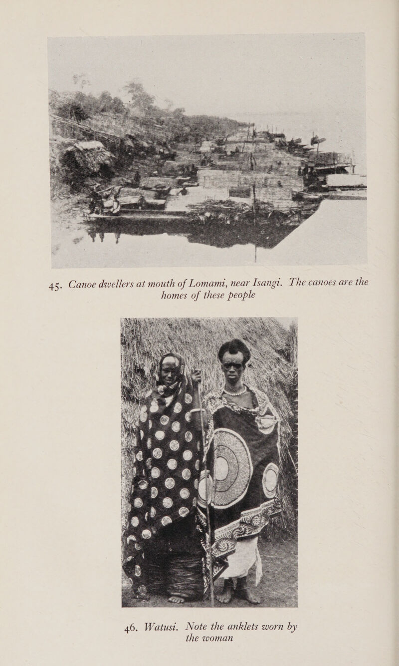  45. Canoe dwellers at mouth of Lomami, near Isangt. The canoes are the homes of these people 