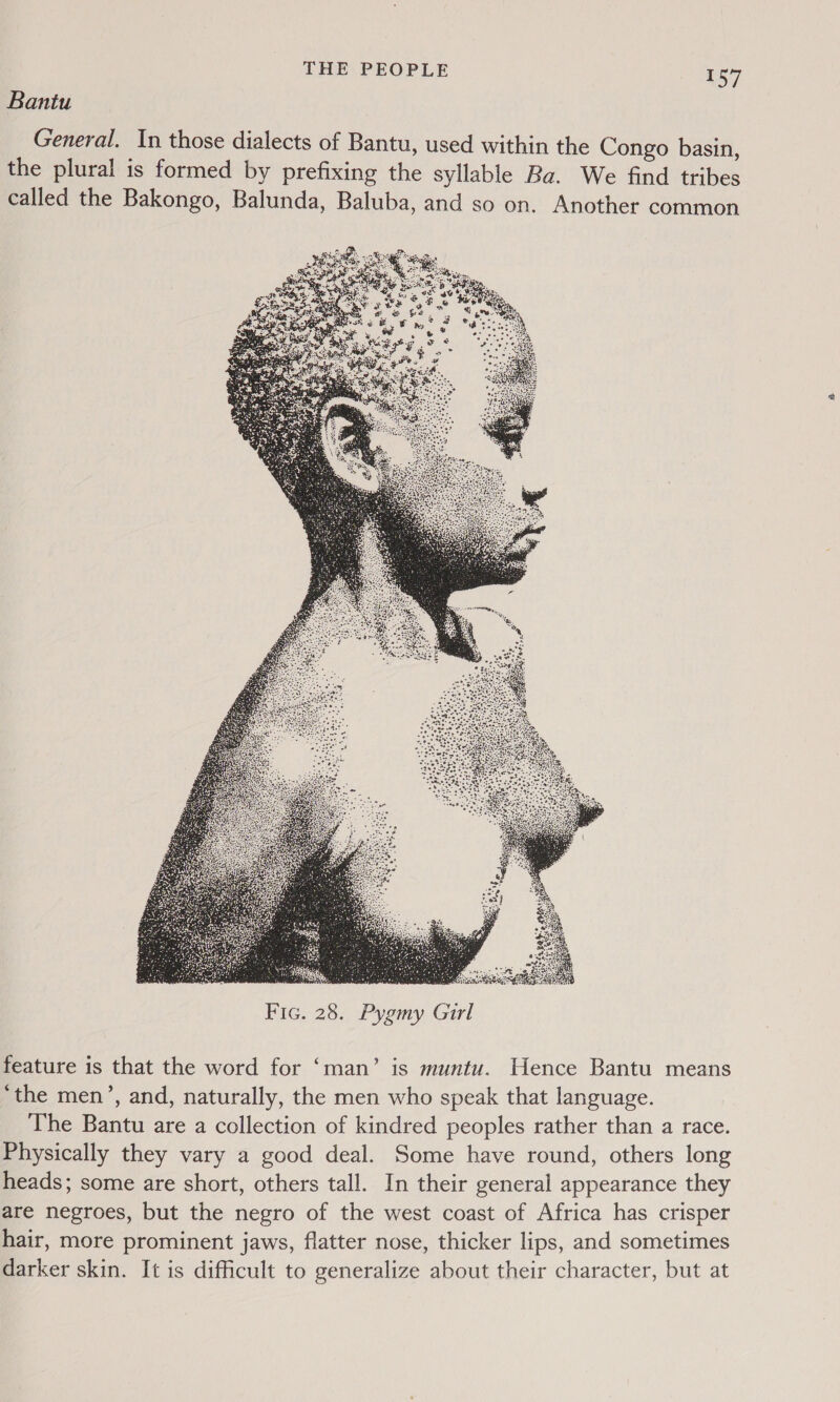 Bantu General. In those dialects of Bantu, used within the Congo basin, the plural is formed by prefixing the syllable Ba. We find tribes called the Bakongo, Balunda, Baluba, and so on. Another common  feature is that the word for ‘man’ is muntu. Hence Bantu means ‘the men’, and, naturally, the men who speak that language. The Bantu are a collection of kindred peoples rather than a race. Physically they vary a good deal. Some have round, others long heads; some are short, others tall. In their general appearance they are negroes, but the negro of the west coast of Africa has crisper hair, more prominent jaws, flatter nose, thicker lips, and sometimes darker skin. It is difficult to generalize about their character, but at