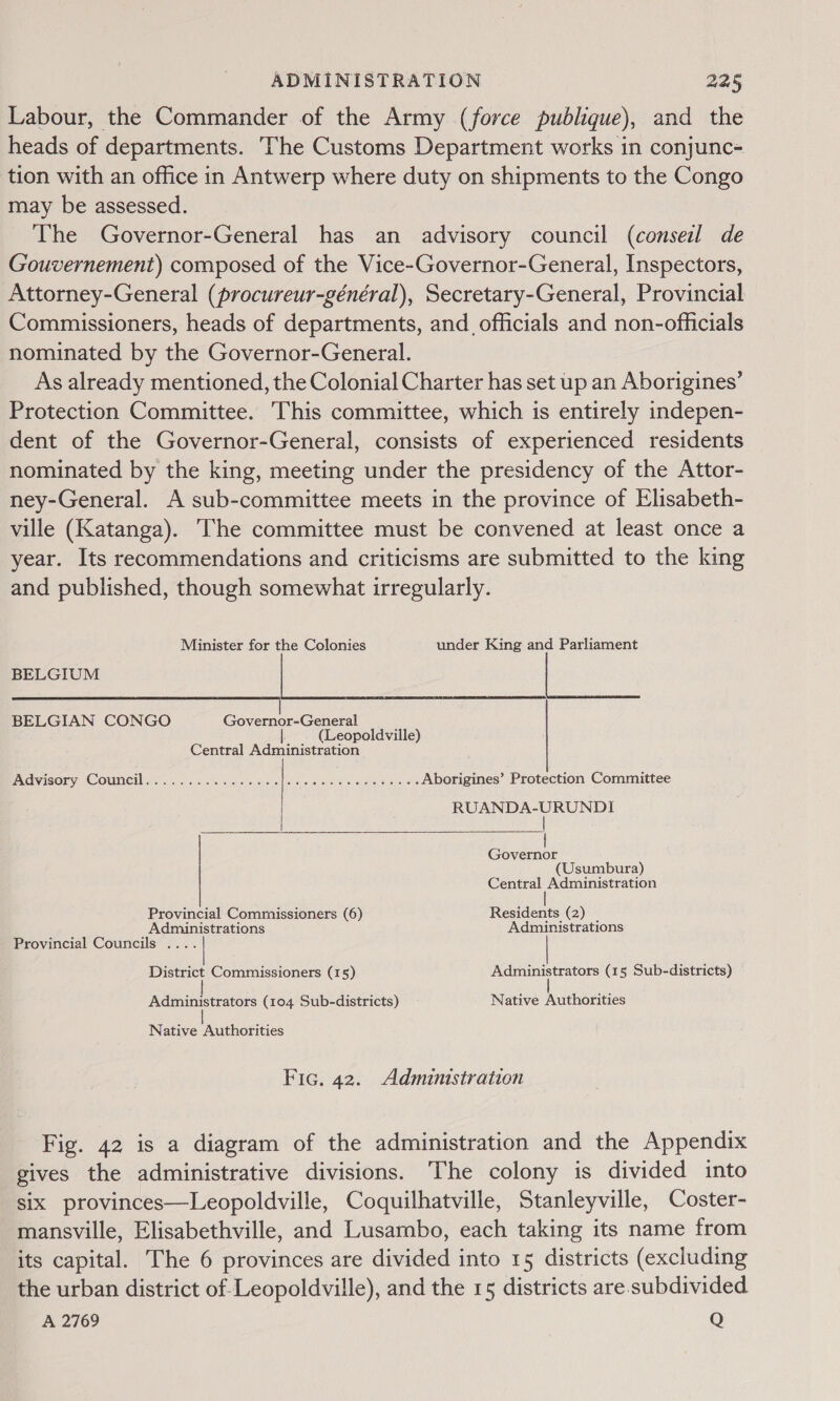 Labour, the Commander of the Army (force publique), and the heads of departments. The Customs Department works in conjunc- tion with an office in Antwerp where duty on shipments to the Congo may be assessed. The Governor-General has an advisory council (conseil de Gouvernement) composed of the Vice-Governor-General, Inspectors, Attorney-General (procureur-général), Secretary-General, Provincial Commissioners, heads of departments, and_ officials and non-officials nominated by the Governor-General. As already mentioned, the Colonial Charter has set up an Aborigines’ Protection Committee. This committee, which is entirely indepen- dent of the Governor-General, consists of experienced residents nominated by the king, meeting under the presidency of the Attor- ney-General. A sub-committee meets in the province of Elisabeth- ville (Katanga). ‘The committee must be convened at least once a year. Its recommendations and criticisms are submitted to the king and published, though somewhat irregularly. Minister for the Colonies under King and Parliament BELGIUM | BELGIAN CONGO Governor-General (Leopoldville) Central Administration Advisory Council Be aC aie ota nat sell cee cnet a ie aerate Aborigines’ Protection Committee Beet ce  Governor (Usumbura) Central Administration Provincial Commissioners (6) Residents (2) | Administrations Administrations Provincial Councils . District Commissioners (15) Administrators (15 Sub-districts) Administrators (104 Sub-districts) Native Authorities Native Authorities Fic. 42. Administration Fig. 42 is a diagram of the administration and the Appendix gives the administrative divisions. The colony is divided into six provinces—Leopoldville, Coquilhatville, Stanleyville, Coster- mansville, Elisabethville, and Lusambo, each taking its name from its capital. The 6 provinces are divided into 15 districts (excluding the urban district of-Leopoldville), and the 15 districts are subdivided A 2769 Q