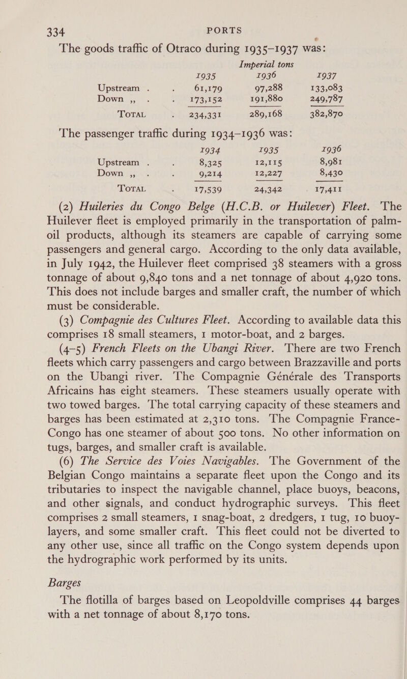 The goods traffic of Otraco during 1935-1937 was: Imperial tons   1935 1936 1937 Upstream . ‘ 61,179 97,288 133,083 Down ,, . A fg fe a) 191,880 249,787 TOTAL tel 4234437 289,168 382,870 The passenger traffic during 1934-1936 was: 1934 1935 1936 Upstream . 5 8,325 12,115 8,981 Down’ 4; ~. ; 9,214 12,227 8,430 TOTAL 3 275530 24,342 , A741 (2) Huileries du Congo Belge (H.C.B. or Huilever) Fleet. ‘The Huilever fleet is employed primarily in the transportation of palm- oil products, although its steamers are capable of carrying some passengers and general cargo. According to the only data available, in July 1942, the Huilever fleet comprised 38 steamers with a gross tonnage of about 9,840 tons and a net tonnage of about 4,920 tons. This does not include barges and smaller craft, the number of which must be considerable. (3) Compagnie des Cultures Fleet. According to available data this comprises 18 small steamers, 1 motor-boat, and 2 barges. (4-5) French Fleets on the Ubangi River. ‘There are two French fleets which carry passengers and cargo between Brazzaville and ports on the Ubangi river. The Compagnie Générale des Transports Africains has eight steamers. These steamers usually operate with two towed barges. The total carrying capacity of these steamers and barges has been estimated at 2,310 tons. The Compagnie France- Congo has one steamer of about 500 tons. No other information on tugs, barges, and smaller craft is available. (6) The Service des Votes Navigables. ‘The Government of the Belgian Congo maintains a separate fleet upon the Congo and its tributaries to inspect the navigable channel, place buoys, beacons, and other signals, and conduct hydrographic surveys. This fleet comprises 2 small steamers, 1 snag-boat, 2 dredgers, 1 tug, 10 buoy- layers, and some smaller craft. This fleet could not be diverted to any other use, since all traffic on the Congo system depends upon the hydrographic work performed by its units. Barges The flotilla of barges based on Leopoldville comprises 44 barges with a net tonnage of about 8,170 tons.