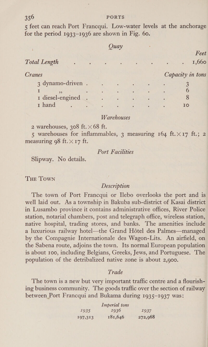 5 feet can reach Port Francqui. Low-water levels at the anchorage for the period 1933-1936 are shown in Fig. 60. | Quay Feet Total Length : : ; , 1,606 Cranes Capacity in tons 3 dynamo-driven . ; : : : j 3 I Ma , : i : : : 6 1 diesel-engined . : 8 1 hand ; ‘ , ; : : 10 Warehouses 2, warehouses, 308 ft. x 68 ft. 5 warehouses for inflammables, 3 measuring 164 ft.x17 ft.; 2 measuring 98 ft. x17 ft. Port Facilities Slipway. No details. THE ‘TOWN Description The town of Port Francqui or Hebo overlooks the port and is well laid out. As a township in Bakuba sub-district of Kasai district in Lusambo province it contains administrative offices, River Police station, notarial chambers, post and telegraph office, wireless station, native hospital, trading stores, and banks. The amenities include a luxurious railway hotel—the Grand H6tel des Palmes—managed by the Compagnie Internationale des Wagon-Lits. An airfield, on the Sabena route, adjoins the town. Its normal European population is about 100, including Belgians, Greeks, Jews, and Portuguese. The population of the detribalized native zone is about 2,900. Trade The town is a new but very important traffic centre and a flourish- ing business community. The goods traffic over the section of railway between Port Francqui and Bukama during 1935-1937 was: Imperial tons 1935 1936 1937 197,313 181,646 272,968