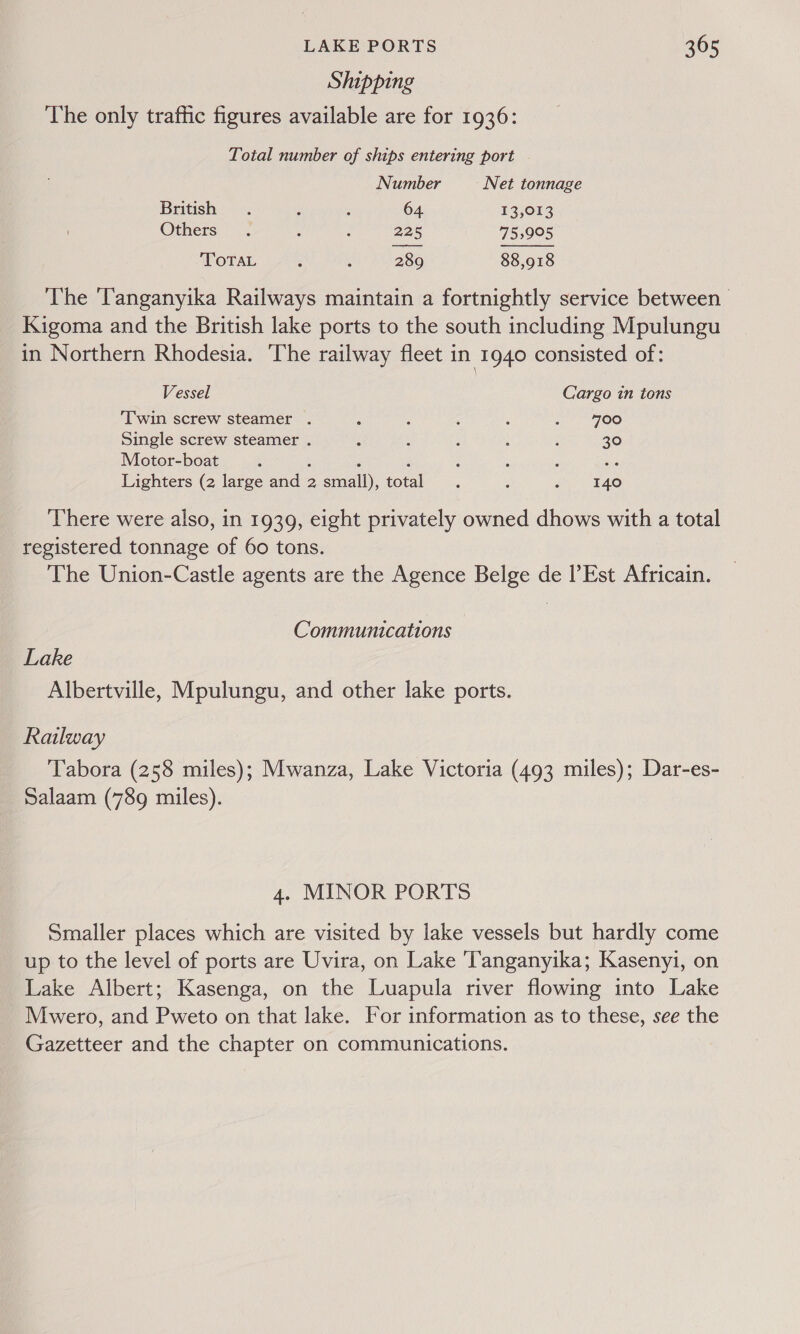 Shipping The only traffic figures available are for 1936: Total number of ships entering port -  Number Net tonnage British. “=; ; , 64. 13,013 Others . ‘ : 225 75,905 TOTAL : ; 289 88,918 The ‘Tanganyika Railways maintain a fortnightly service between Kigoma and the British lake ports to the south including Mpulungu in Northern Rhodesia. ‘The railway fleet in 1940 consisted of: Vessel Cargo in tons ‘Twin screw steamer . é Z ; ; &lt;7? “FOO Single screw steamer . : : : ; ; 30 Motor-boat i : ¢ F : ‘ ; ee Lighters (2 large and 2 small), total . ; o&gt;) E40 There were also, in 1939, eight privately owned dhows with a total registered tonnage of 60 tons. The Union-Castle agents are the Agence Belge de l'Est Africain. Communications Lake Albertville, Mpulungu, and other lake ports. Railway Tabora (258 miles); Mwanza, Lake Victoria (493 miles); Dar-es- Salaam (789 miles). 4. MINOR PORTS Smaller places which are visited by lake vessels but hardly come up to the level of ports are Uvira, on Lake 'Tanganyika; Kasenyi, on Lake Albert; Kasenga, on the Luapula river flowing into Lake Mwero, and Pweto on that lake. For information as to these, see the Gazetteer and the chapter on communications.