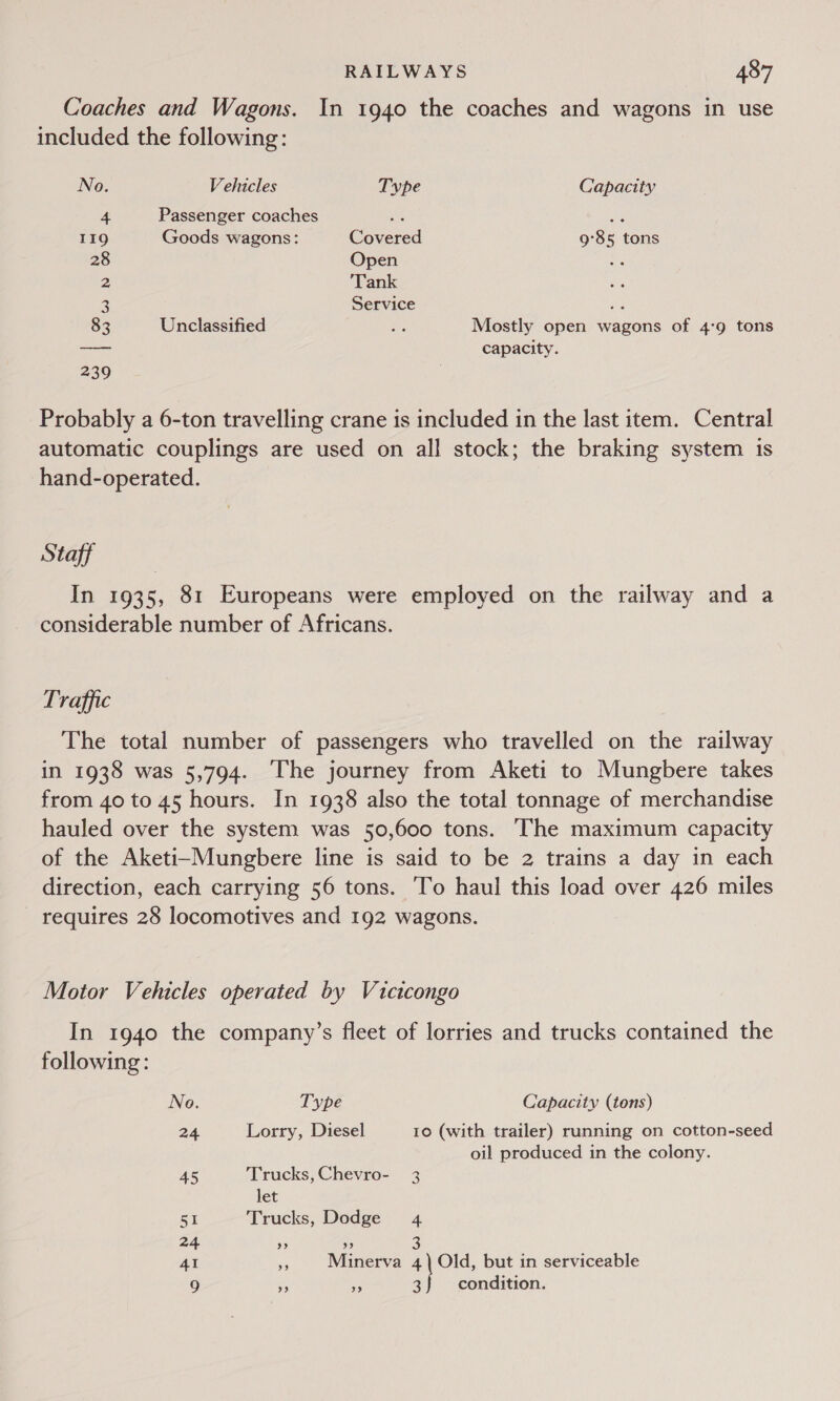 Coaches and Wagons. In 1940 the coaches and wagons in use included the following: No. Vehicles Type Capacity 4 Passenger coaches Ne a 119 Goods wagons: Covered 9°85 tons 28 Open a 3 Tank 3 Service ae 83 Unclassified ae Mostly open wagons of 4°9 tons — capacity. 239 | Probably a 6-ton travelling crane is included in the last item. Central automatic couplings are used on all stock; the braking system is hand-operated. Staff In 1935, 81 Europeans were employed on the railway and a considerable number of Africans. Traffic The total number of passengers who travelled on the railway in 1938 was 5,794. ‘The journey from Aketi to Mungbere takes from 40 to 45 hours. In 1938 also the total tonnage of merchandise hauled over the system was 50,600 tons. The maximum capacity of the Aketi-Mungbere line is said to be 2 trains a day in each direction, each carrying 56 tons. ‘To haul this load over 426 miles requires 28 locomotives and 192 wagons. Motor Vehicles operated by Vicicongo In 1940 the company’s fleet of lorries and trucks contained the following: No. Type Capacity (tons) 24 Lorry, Diesel 10 (with trailer) running on cotton-seed oil produced in the colony. 45 Trucks,Chevro- 3 let 51 Trucks, Dodge 4 24 ‘s i, 3 41 - Minerva 4) Old, but in serviceable 9 ne rs | condition.