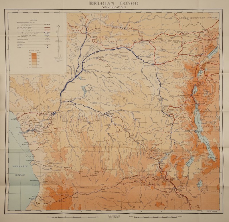 BELGIAN CD COMMUNICATIONS  16° 18° i 20° 22 24° aoe =~ ae =a =a ——                                                                                                               28° 30° — a —_ = | REFERENCE Railways, African Standard Gauge, 36... —__ a Metre Gauge... id less than Metre Gauge. yhy -o= Main Motor Roads, A/! Weather_.........- ae £ Secondary Motor Roads, A// Weathe) az » » ” Dry. = 8 * » neo » Soaschee a ” not navigable for Small Steamers. peace i Limits of Navigation xo 2 Ports underlined in blue.-- — Bes gi International Boundarie = wh /ntercolonial ” LONG.| 4° Ss. = U Submarine Cables... SS i Telegraph... ja : &lt;7 WT Stations. + &amp; : ° Airfields. = 3+@ = : re % 5 ls gana ALTITUDE TINTS “| - m | . FEET METRES ; ya Thon DEE 5 Rodala (B.Gongo) See | © | : Ekutshi Nouvelle Anvers Lopon sb o 8202 2500 - } “ 0 of Bongandanga ; Basankusu Lo, eee Magnetic Variation | = CRS Feko,, q 4921 =} 1500 7°10'W (1944) = | aN &lt;R Bosow 3 Yahuma Annual Decrease | XS erin isa 3281 1000 about 4° \ 2 Bengamisa | A La 5) Lome, = © Djolu y © Yangambi &gt; 1640 500 a | SEA LEVEL SEA LEVEL ¢ x HMarings 1 © S B Dey COQUILHATVILLE 0 Sar | F+-@)      Zs Shuapa | LB Xe, :       20 Watzi-Kengo c Seis at S        Lukenie              Pointe Noire'                                                                                 10°               East of Greenwich  il 100 150 A Scale 1:4000,000 me Ss : : == Sito 1 Inch to 63 Miles Kilometres so ° 50 100 150. 200 250 300 350 400 Kilometres    