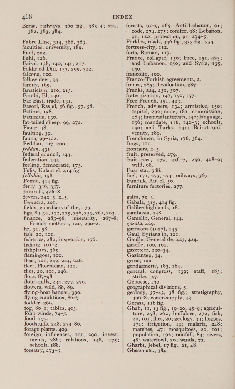 Ezraa, railways, 360 fig., 383-4; sta., 382, 383, 384. Fabre Line, 314, 388, 389. faculties, university, 189. Fadl, 202. Fahl, 126. Faisal, 138, 140, 141, 217. Fakhr ed Din, 133, 299, 322. falcons, 100. fallow deer, 99. family, 169. fanaticism, 210, 213. Farabi, El, 130. Far East, trade, 131. Fasori, Ras el, 56 fig., 57, 58. Fatima, 158. Fatimids, 130. fat-tailed sheep, 99, 272. Fauar, 48. faulting, 39. fauna, 99-102. Feddan, 167, 200. feddan, 431. federal council, 143. federation, 143. feeling, democratic, 173. Felis, Kalaat el, 414 fig. fellahin, 158. Femie, 414 fig. ferry, 356, 357. festivals, 426-8. fevers,-242-3, 245. Fewaera, 201. fields, guardians of the, 179. figs, 89, 91, 172, 225, 256, 259, 261, 263. finance, 285-96; insecurity, 267-8; French methods, 140, 290-2. fir, 91, 98. fish, 20, Ior. fisheries, 282; inspection, 176. fishing, 101-2. fishplates, 365. flamingoes, 100. fleas, 101, 242, 244, 246. fleet, Phoenician, I11. flies, 20, 101, 246. flora, 87-98. flour-mills, 234, 277, 279. flowers, wild, 88, 89 flying-boat hangar, 390. flying conditions, 86-7. fodder, 269. fog, 80-1; tables, 403. fohn winds, 74-5. food, 172. foodstuffs, 248, 279-80. forage plants, 409. foreign, influences, I11, ments, 286; schools, 188. forestry, 273-5. 290; invest- relations, 148, 175; forests, 95-9, 265; Anti-Lebanon, 91; code, 274, 275; conifer, 98; Lebanon, QI, 120; protection, 91, 274-5. Forklos, roads, 346 fig., 353 fig., 354. fortress-city, 112. forts, Roman, 117. France, collapse, 150; Free, 151, 423; and Lebanon, 150; and Syria, 135, 140. francolin, 100. Franco-Turkish agreements, 2 francs, 285; devaluation, 287. Franks, 224, 231, 307. fraternization, 147, 150, 157. Free French, 151, 423. French, advisers, 134; armistice, 150; capital, 292; code, 181; commission, 184; financial interests, 140; language, 156; mandate, 116, 140-3; schools, 140; and Turks, 141; Beirut uni- versity, 189. Frenchmen, in Syria, 176, 364. frogs, 101. frontiers, 2-5. fruit, preserved, 279. fruit-trees, 172, 256-7, 259, 408-9; wild, 98. Fuar sta., 388. fuel, 171, 273, 274; railways, 367. Funduk, Ain el, 50. furniture factories, 277. gales, 72-3. Gabala, 315, 414 fig. Galilee highlands, 18. gambusia, 248. Gamelin, General, 144. garata, 429. garrisons (1927), 145. Gaul, Syrians in, 121. Gaulle, General de, 423, 424. gazelle, 100, 101. gazetteer, 220-34. Gaziantep, 34. geese, 100. gendarmerie, 183, 184. general, congress, 139; staff, 183; strike, 147. Genoese, 130. geographical divisions, 5. geology, 37-43, 38 fig.; stratigraphy, 396-8; water-supply, 43. Gerasa, 116 fig. Ghab, 11, 13 fig., 19-20, 45-9; agricul- ture, 258, 262; buffaloes, 272; fish, 20, 101; flies, 20; geology, 39; houses, 1713 irrigation, 19; malaria, 248; marshes, 47; mosquitoes, 20, IOI; population, 192; rainfall, 84; rivers, 48; waterfowl, 20; winds, 72. Gharbi, Jebel, 17 fig., 21, 48. Ghasm sta., 384.