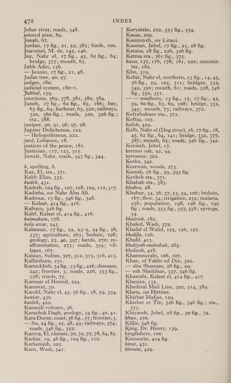 Jobar river, roads, 348. jointed pine, 89. Jonah, 67. Jordan, 17 fig., 21, 52, 385; birds, roo. Jouvenel, M. de, 145, 146. Joz, Nahr el, 17 fig., 45, 62 fig., 64; bridge, 377; mouth, 65. Jubb Adin, 156. — Jennin, 17 fig., 21, 48. Judas tree, 90, 97. judges, 180. judicial system, 180-1. Juhhal, 159. junctions, 369, 378, 381, 382, 384. Juneh, 17 fig., 62 fig., 65, 166; bay, 63 fig.,64; harbour, 65, 320; railways, 320, 360 fig.; roads, 320, 326 fig.; sta., 388. juniper, 90, 91, 96, 97, 98. Jupiter Dolichenus, 122. — Heliopolitanus, 222. jurd, Lebanon, 18. justices of the peace, 181. Justinian, 117, 123, 315. Juweit, Nahr, roads, 343 fig., 344. k, spelling, 8. Kaa, El, sta., 371. Kabb Elias, 335. kadek, 431. Kadesh, 104 fig., 107, 108, 109, I12, 317. Kadisha, see Nahr Abu Ali. Kadmus, 13 fig., 346 fig., 348. — Kalaat, 414 fig., 416. Kafraya, 326 fig. Kahf, Kalaat el, 414 fig., 416. kaimakam, 178. kala azar, 243. Kalamun, 17 fig., 22, 23-5, 24 fig., 28, 337; agriculture, 263; beduin, 198; geology, 23, 40, 397; herds, 270; re- afforestation, 275; roads, 354; vil- lages, 167. Kalaun, Sultan, 307, 312, 315, 316, 413. Kallinikum, 231. Kamichlieh, 34 fig., 53 fig., 226; diseases, 242; frontier, 3; roads, 226, 353 fig., 358; winds, 75. Kamuar el Hermil, 224. Kanawat, 30. Kandil, Nahr el, 45, 56 fig., 58, 59, 334. Rantar, 430. Raoleh, 429. Karacali volcano, 36. . Karachok Dagh, geology, 34 fig., 40, 41. Kara Duran, coast, 56 fig., 57; frontier, 3. — Su, 24 fig., 25, 48, 49; railways, 374; roads, 346 fig., 352. Kareya, El, climate, 70, 72, 77,78, 84, 85. Karkar, 19, 46 fig., 104 fig., 110. Karkemish, 225. Karn, Wadi, 341. Karyatein, 272, 353 fig., 354. Kasaa, 209. Kasimiyeh, see Litani. Kassiun, Jebel, 17 fig., 25, 28 fig. Katana, 28 fig., 226, 326 fig. Katma sta., 361 fig., 375. kaza, 137, 176, 178, 181, 220; commit- tee, 182. Kbn, 319. Kebir, Nahr el, northern, 13 fig., 14, 45, 56 fig., 59, 105, 311; bridges, 332, 349, 350; mouth, 61; roads, 328, 346 fig., 350, 351. — — southern, 13 fig., 15, 17 fig., 45, 59, 60 fig., 63, 69, 108; bridge, 332, 345; mouth, 73; railways, 372. Kefrabuhum sta., 371. Keftiu, 105. keileh, 429. Kelb, Nahr el (Dog river), 16, 17 fig., 18, 45, 62 fig., 64, 141; bridge, 332, 377, 387; mouth, 65; roads, 326 fig., 342. Keniseh, Jebel, 17. kermes oak, 92, 94. kerosene, 302. Kesba, 342. Kesrwan, woods, 273. Kessab, 56 fig., 59, 393 fig. Kevkeb sta., 371. Khabab sta., 383. Rhabra, 28. Khabur, 34, 36, 37, 53, 54, 106; beduin, 167; flow, 54; irrigation, 252; malaria, 236; population, 198, 198 fig., 199 fig.; roads, 353 fig., 357,358; springs, 54- khairieh, 182. Khaled, Wadi, 372. Khalid el Walid, 125, 126, 127. Rhalifa, 126. Khalil, 413. Rhaliyah-mubahah, 265. Rhalweh, 428. Khammurabi, 106, 107. Khan, of Fakhr ed Din, 322. — abu Shamate, 28 fig., 29. — esh Sheikhun, 337, 346 fig. Khawabi, Kalaat el, 414 fig., 417. Khazins, 135. Khedival Mail Line, 302, 314, 389. Kheta, see Hittites. Khirbat Mafjer, 129. Khirbet et Tin, 326 fig., 346 fig.; sta., 373: Khiyareh, Jebel, 28 fig., 30 fig., 32. Rkhua, 270. Killis, 346 fig. King, Dr. Henry, 139. kingfishers, 100. Kinnesrin, 414 fig. kirat, 431. kirrata, 429.