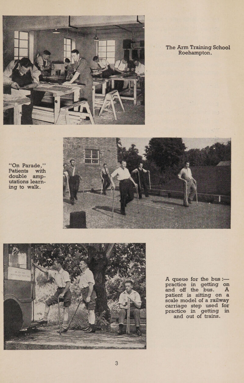  “On Parade,”’ Patients with double amp- utations learn- ing to walk.  The Arm Training School Roehampton.  A queue for the bus :— practice in getting on and off the bus. A patient is sitting on a scale model of a railway carriage step used for practice in getting in and out of trains.