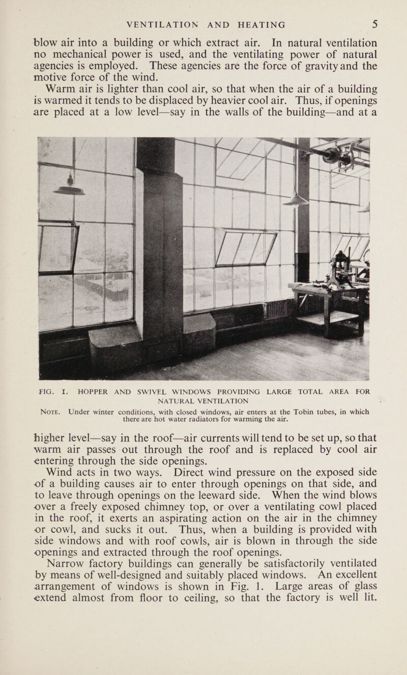 blow air into a building or which extract air. In natural ventilation no mechanical power is used, and the ventilating power of natural agencies is employed. These agencies are the force of gravity and the motive force of the wind. Warm air is lighter than cool air, so that when the air of a building is warmed it tends to be displaced by heavier cool air. Thus, if openings are placed at a low level—say in the walls of the building—and ata  Nore. Under winter conditions, with closed windows, air enters at the Tobin tubes, in which there are hot water radiators for warming the air. higher level—say in the roof—air currents will tend to be set up, so that warm air passes out through the roof and is replaced by cool air entering through the side openings. Wind acts in two ways. Direct wind pressure on the exposed side of a building causes air to enter through openings on that side, and to leave through openings on the leeward side. When the wind blows over a freely exposed chimney top, or over a ventilating cowl placed in the roof, it exerts an aspirating action on the air in the chimney or cowl, and sucks it out. Thus, when a building is provided with side windows and with roof cowls, air is blown in through the side openings and extracted through the roof openings. Narrow factory buildings can generally be satisfactorily ventilated by means of well-designed and suitably placed windows. An excellent arrangement of windows is shown in Fig. 1. Large areas of glass extend almost from floor to ceiling, so that the factory is well lit.